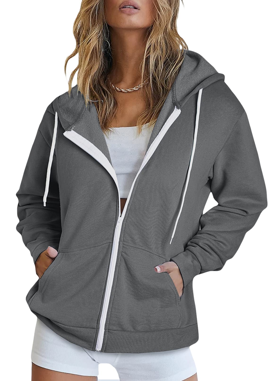 Dokotoo Womens Fall Solid Color Oversized Full Zip Up Hoodie Long Sleeve  Plus Size Ladies Hooded Gray Sweatshirts Pockets Jacket