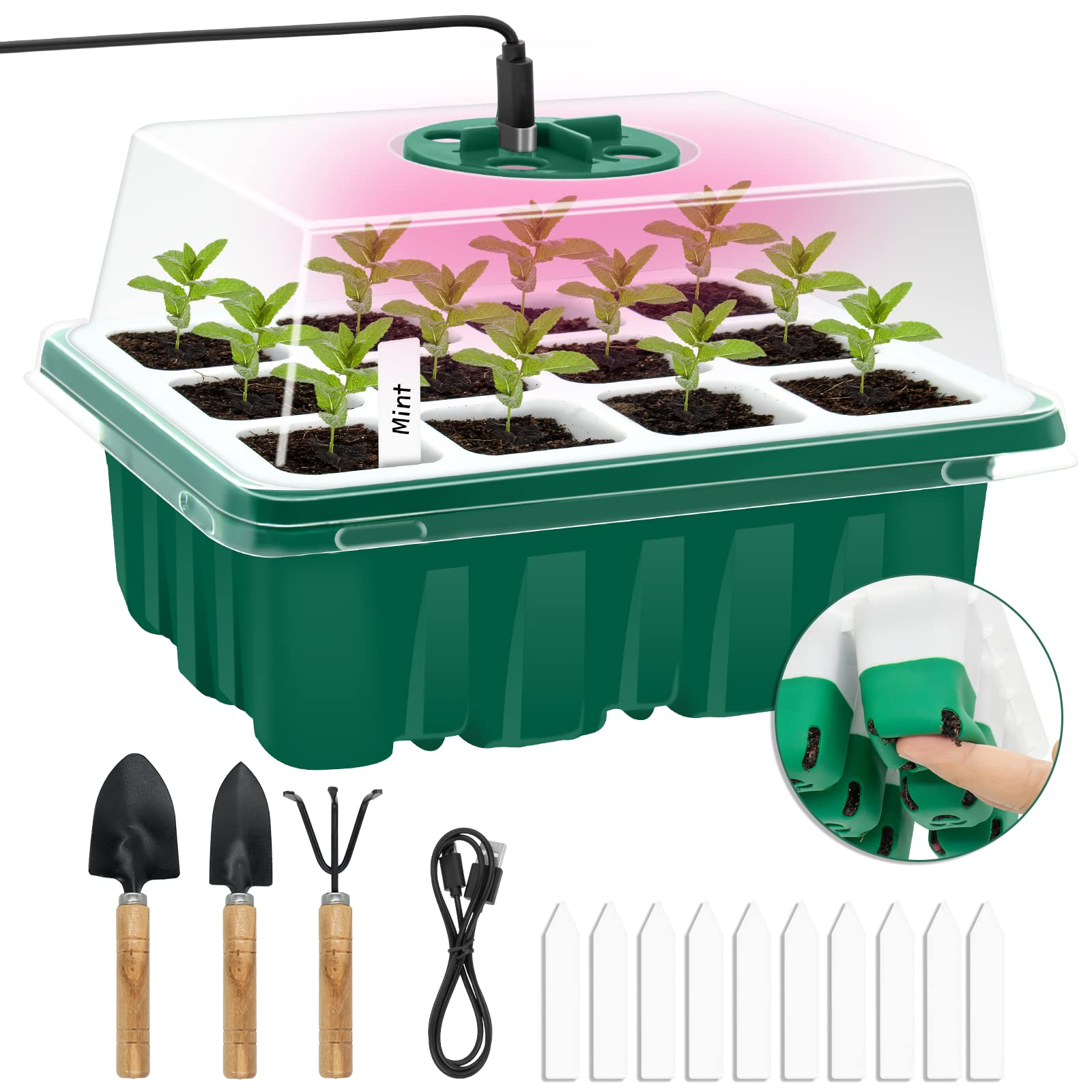 GrJyls 0 Seed Starter Tray Kit With Grow Light 12 Flexible Pop-Out Cells  Silicone Bottoms Reusable Seedling Starter Trays With Humidity D