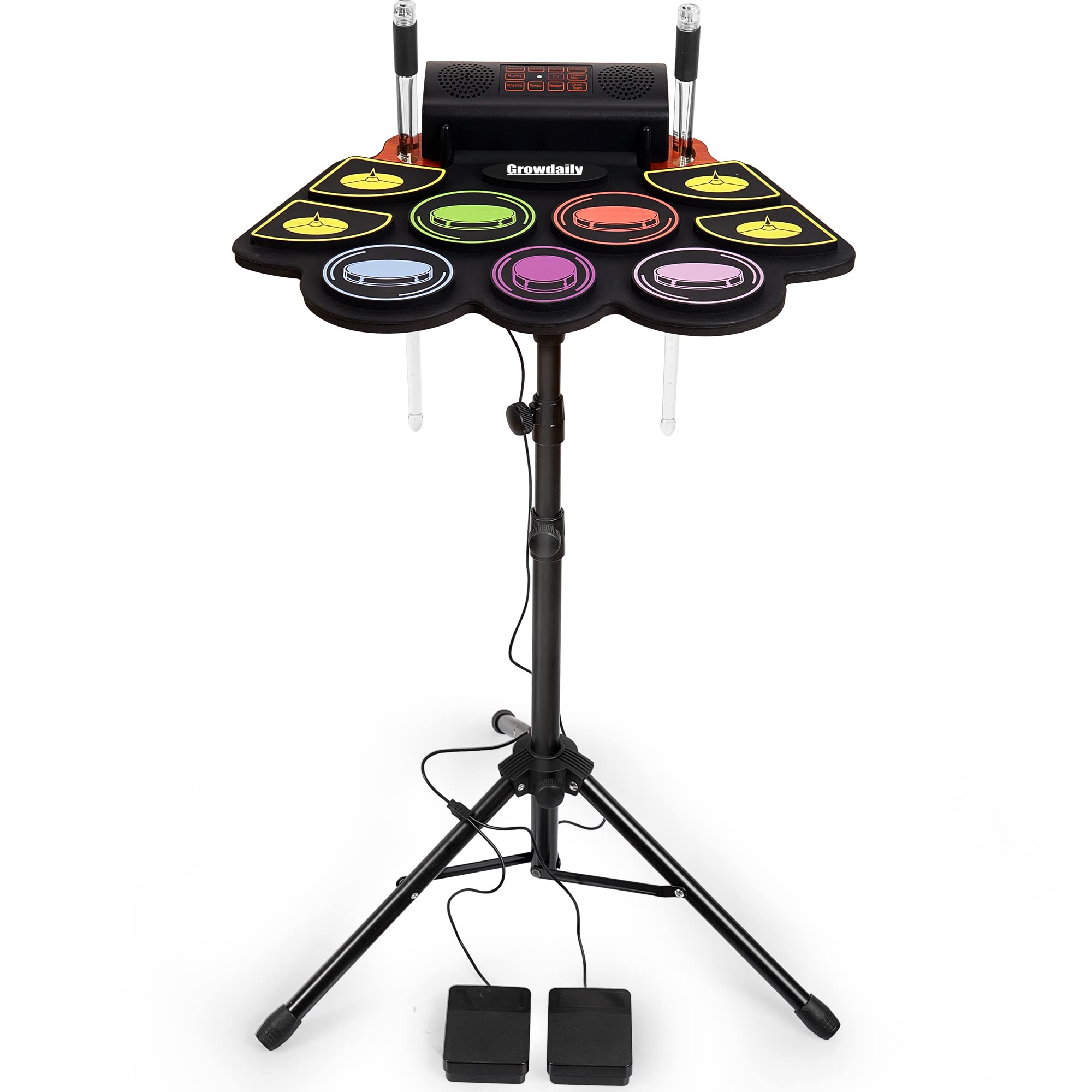 GrowDaily Electric Kids Drum Set,Electronic Drum Set Practice 9 Pads With Stand,Music Recording,Light Up Drum Sticks,Drum Pedal,Midi,Dual