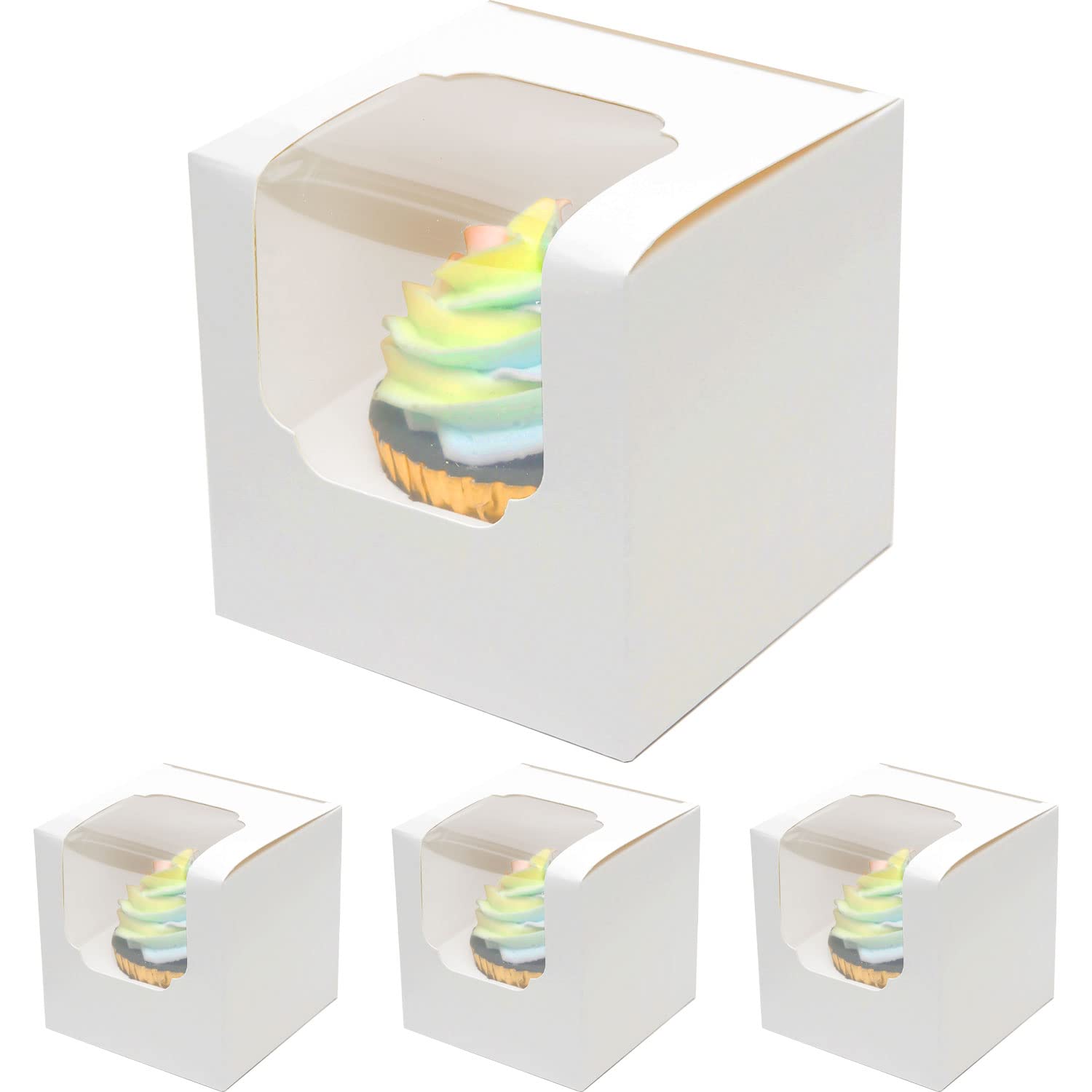 Qiqee Cupcake Boxes Individual Cupcake Container 100Pcs Auto-Popup White 35 X 35 X 35 Single Cupcake Boxes
