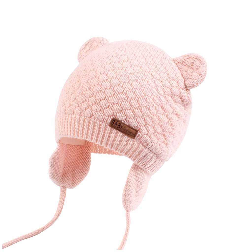 Duoyeree Baby Winter Hat Earflap Cotton Lining Knit Beanie Cap For Toddler Girl Boy (0-6 Month, Pink)