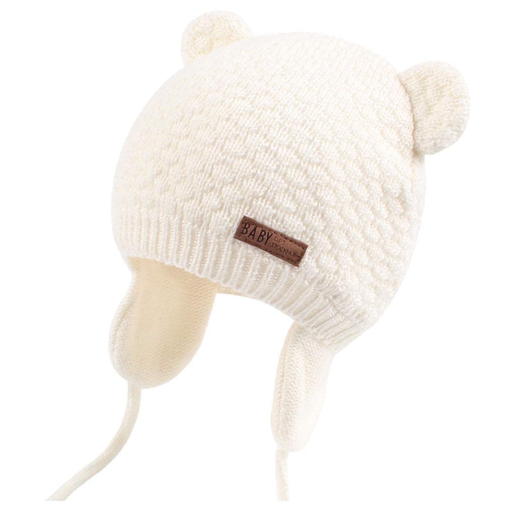 Duoyeree Baby Winter Hat Earflap Cotton Lining Knit Beanie Cap For Toddler Girl Boy (12-18 Month, White)