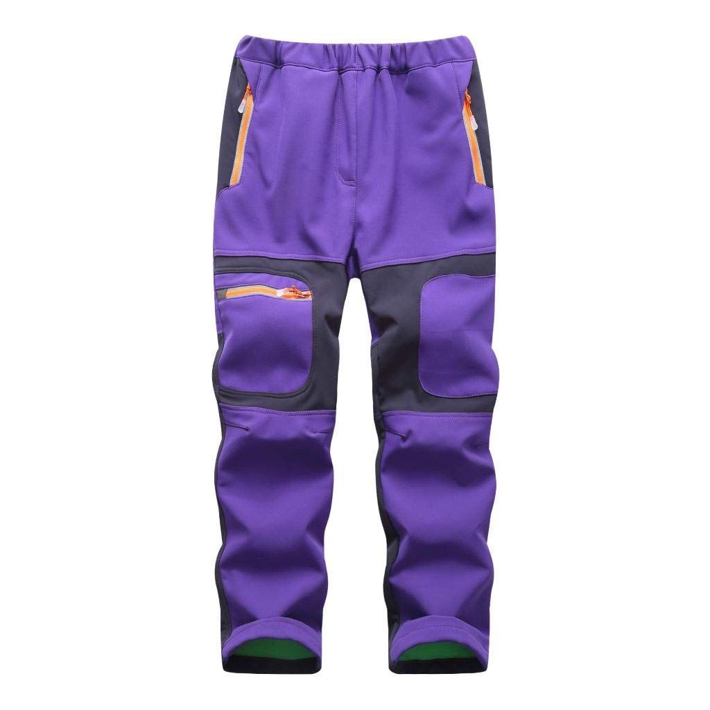 linlon Kids Boys Youth Fleece Hiking Pants Waterproof Softshell Warm Windbreaker Snow Pants Insulated Trousers,Purple,L