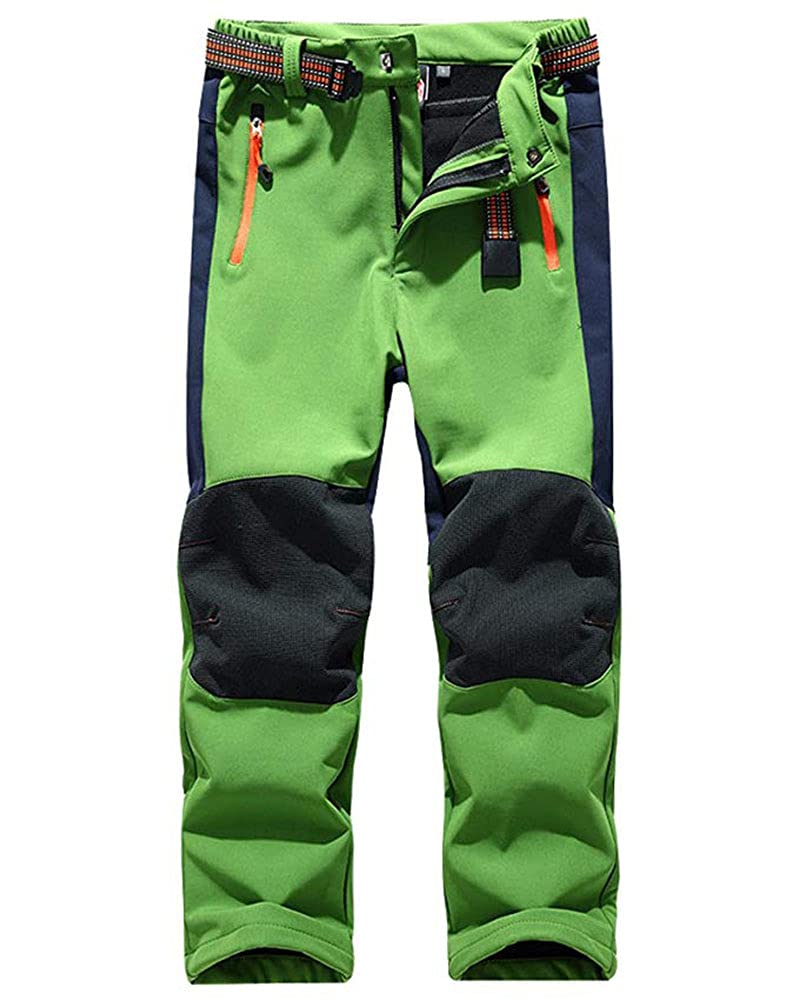 Linlon Kids Boys Girls Fleece Lined Waterproof Hiking Pants Outdoor Soft Shell Snow Insulated Cargo Pants, Green L