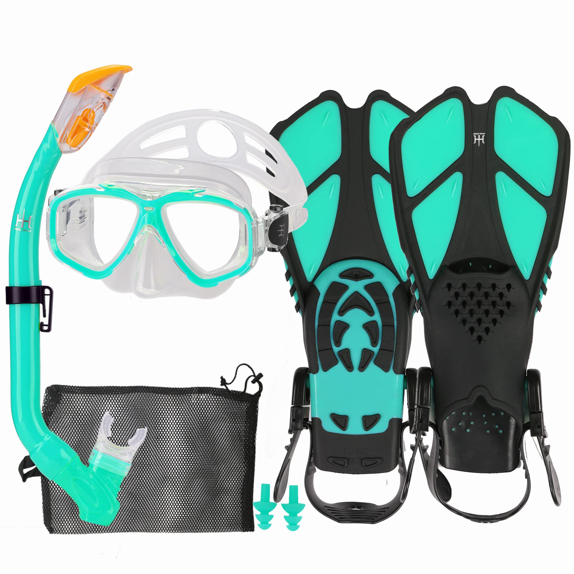 HH HHAO SPORT Kids Snorkel Set With Fins, Snorkel Fins Mask Set For Kids Child Snorkeling Gear With Flippers Anti Leak, Youth Snorkel Fins Set