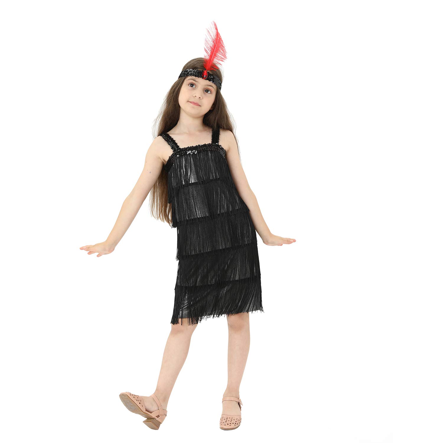 Leadtex Girls 20S Flapper Dresses Costume Dress Childrens Party Fringed  Dresses With Feather Headband,Size Xl12-14,Black