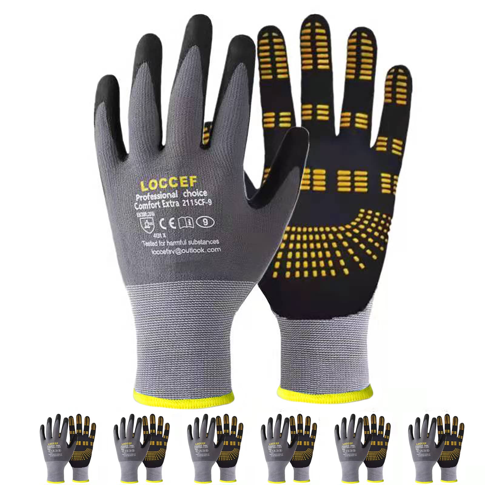 Loccef Endurance Knit Work Gloves Microfoam Nitrile Coated-6 Pairs,Tacky Dot Grip, Multi Purpose,Micro-Foam Gloves(11-Xxl)