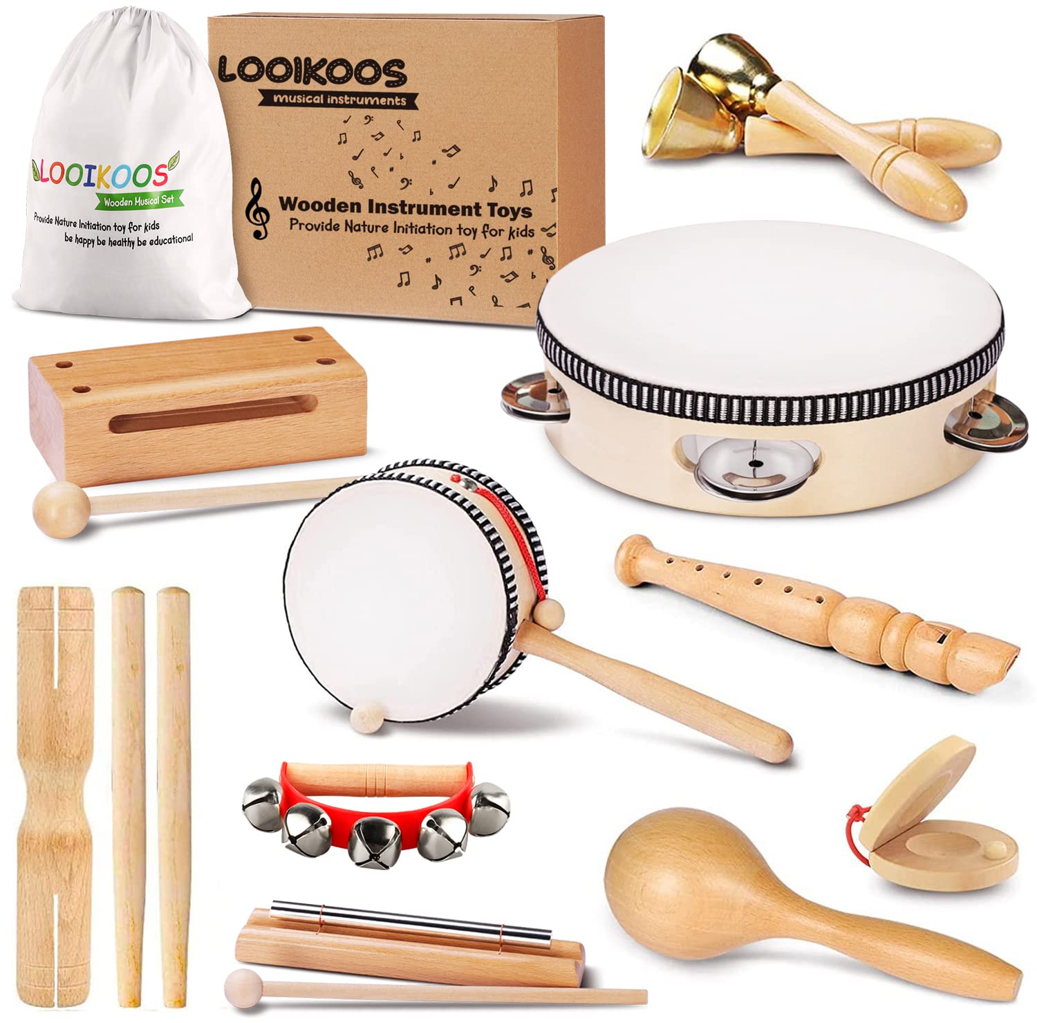 Looikoos Toddler Musical Instruments, Eco Friendly Musical Set For Kids Preschool Educational, Natural Wooden Percussion Instrum