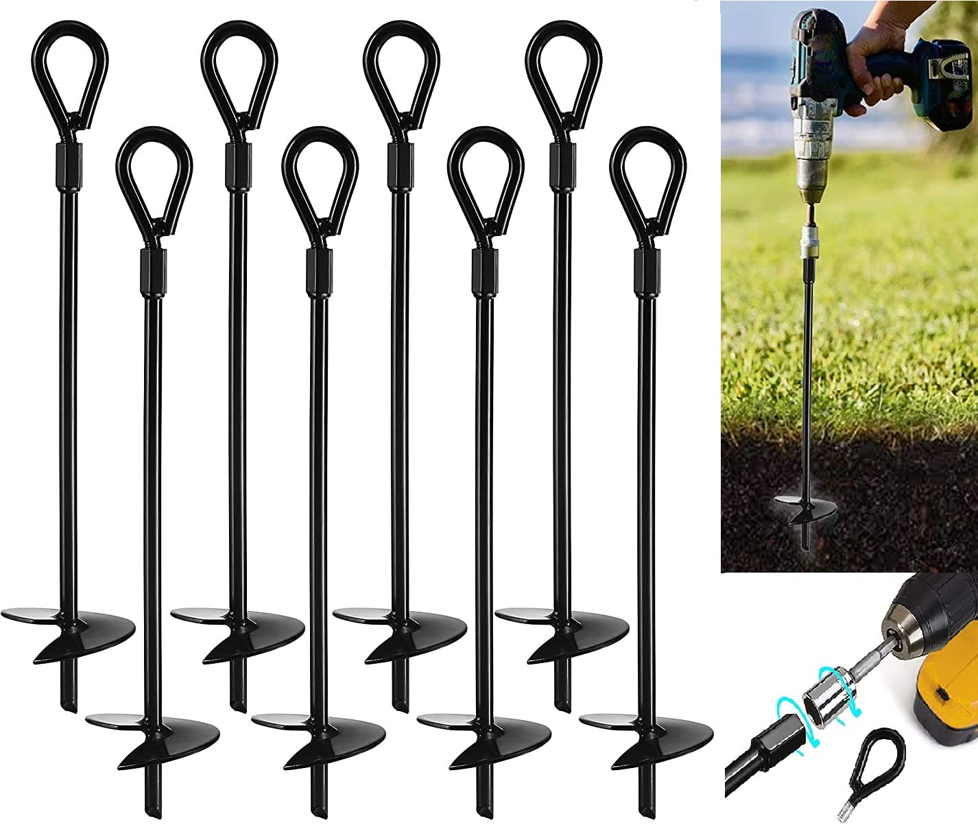 Vasgor 20A Ground Anchors (8Pcs) Easy To Use With Drill, 3 Helix Diameter, Heavy Duty Anchor Hook For Camping Tent, Canopies, Ca