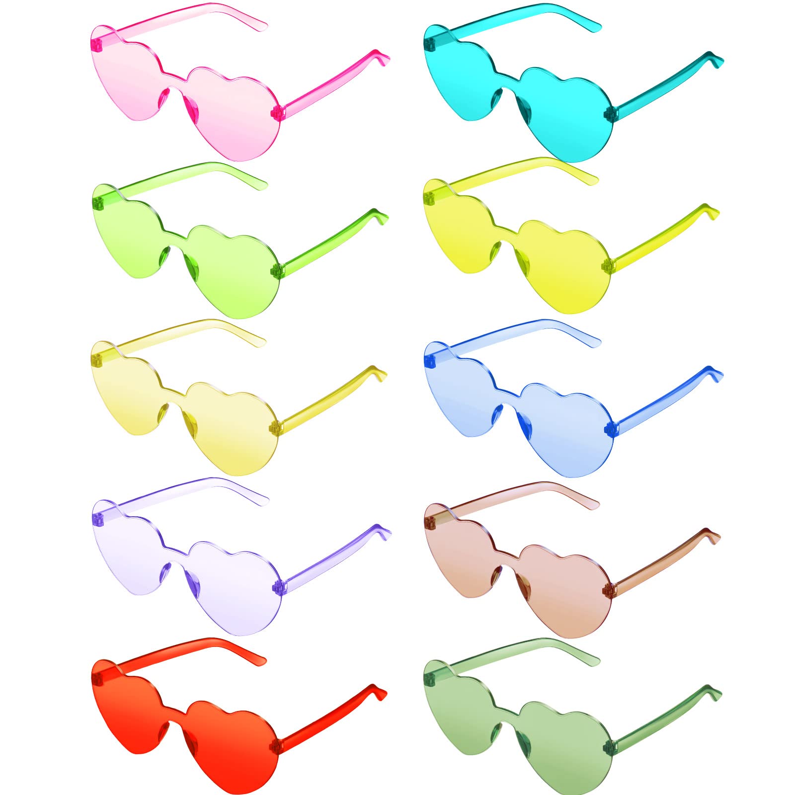 Toodoo 10 Pairs Heart Shaped Sunglasses Rainbow Sunglasses Candy Color Rimless Glasses For Women Girl Party Favor(Green, Blue, Y