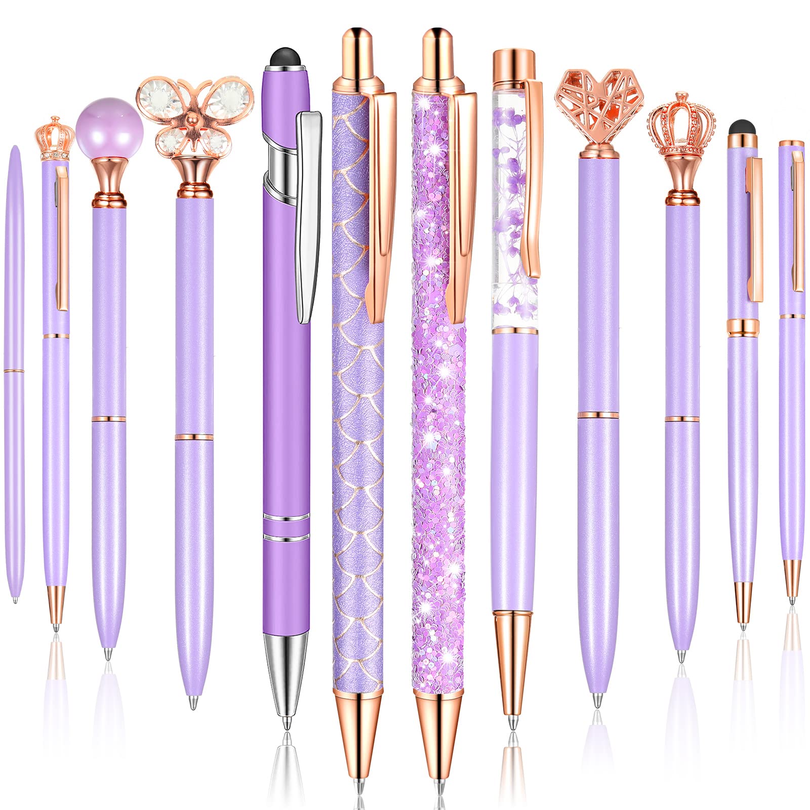Estune 12 Pcs Diamond Pens Metal Liquid Sand Glitter Ballpoint Pen Set Girly Crystal Pen Women Ballpoint Pens Black Ink Ball Poi