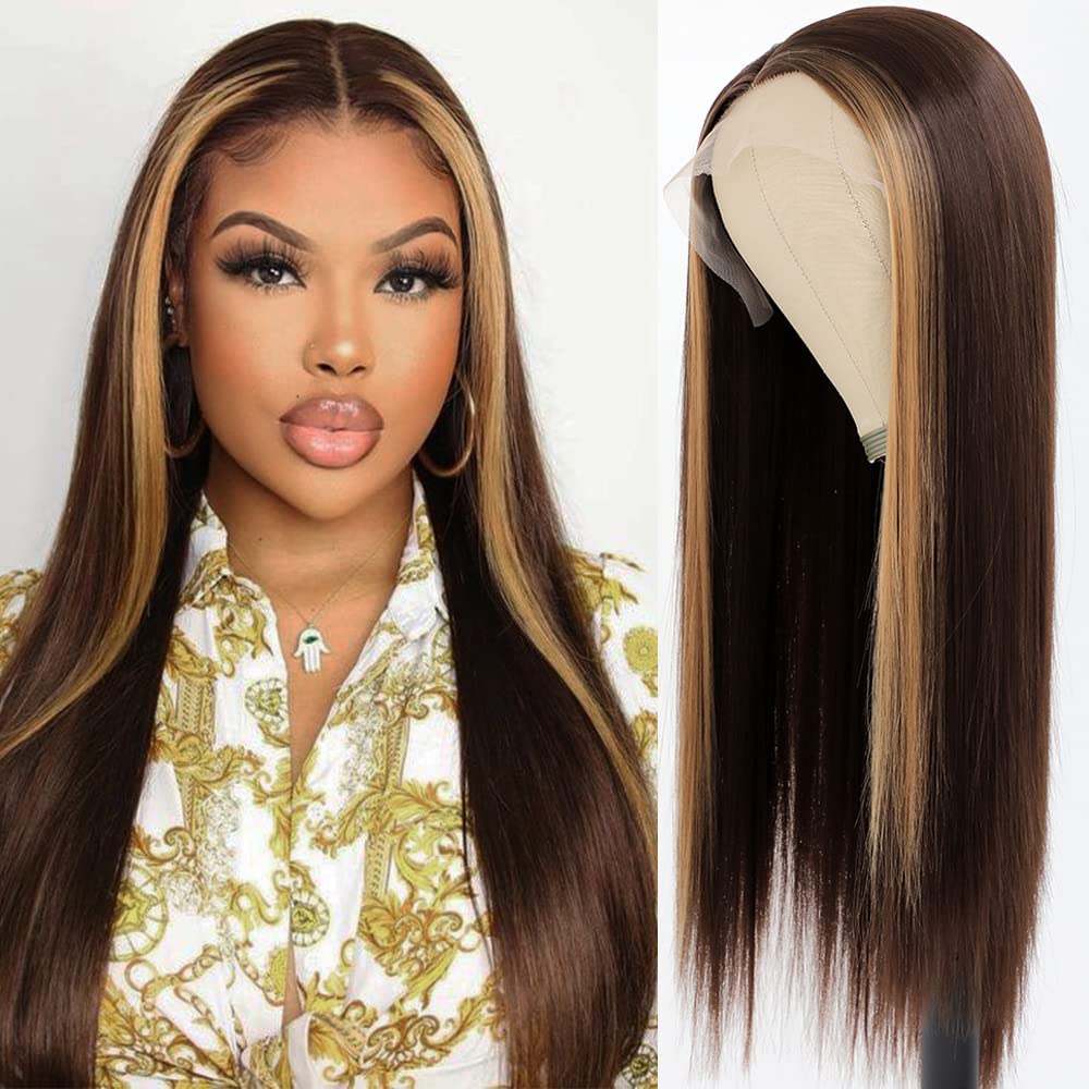 Qd-Tizer Brown Hair Color Lace Front Wig Long Straight Hair Wigs Honey Blonde Face Framing Highlights Heat Resistant Synthetic L