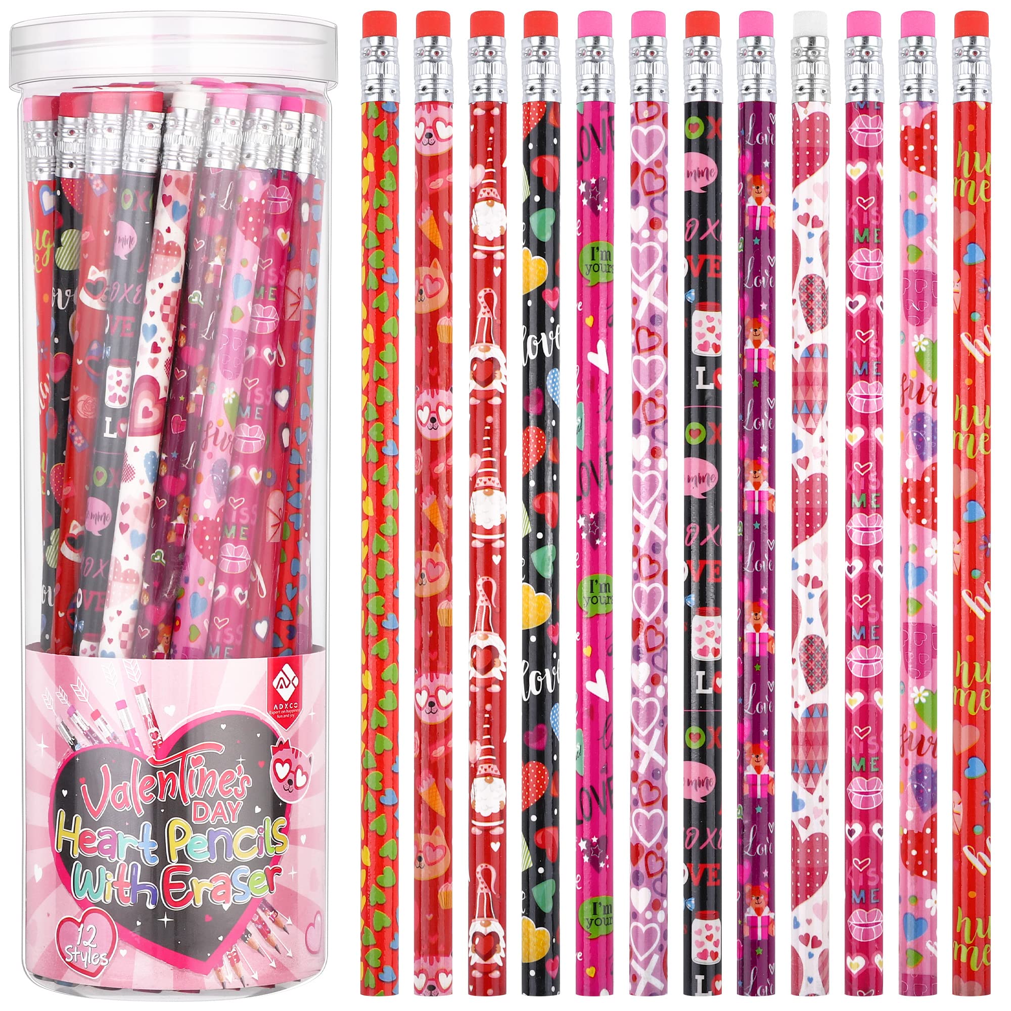 Adxco 48 Pieces Valentines Day Pencils Valentine Heart Pencils With Eraser  And Pencil Bucket For Valentines Day Party Supplies C