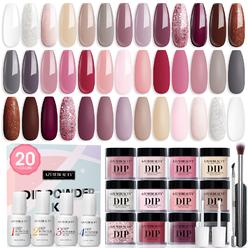 Azurebeauty 29 Pcs Dip Powder Nail Kit Starter, 20 Colors Clear Nude Pink Brown Glitter All Season Acrylic Dipping Powder System