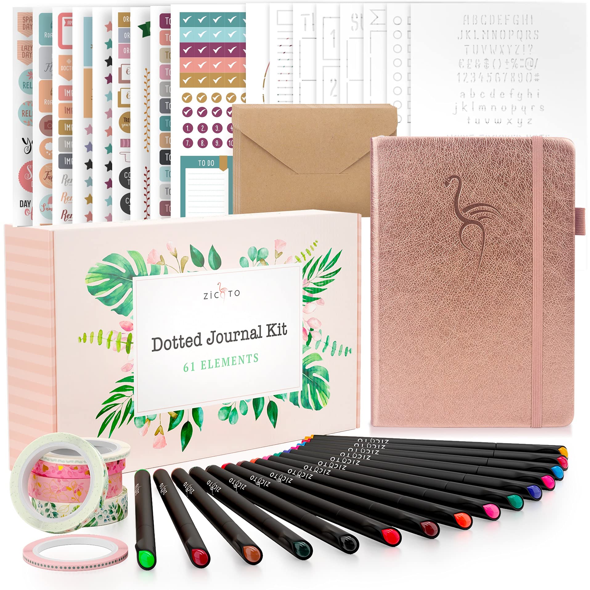 ZICOTO Ultimate All-In-One Journaling Kit - Incl Dotted Journal, Stencils,  Stickers, Pens, Washi Tapes, Small Envelopes And More Bullet