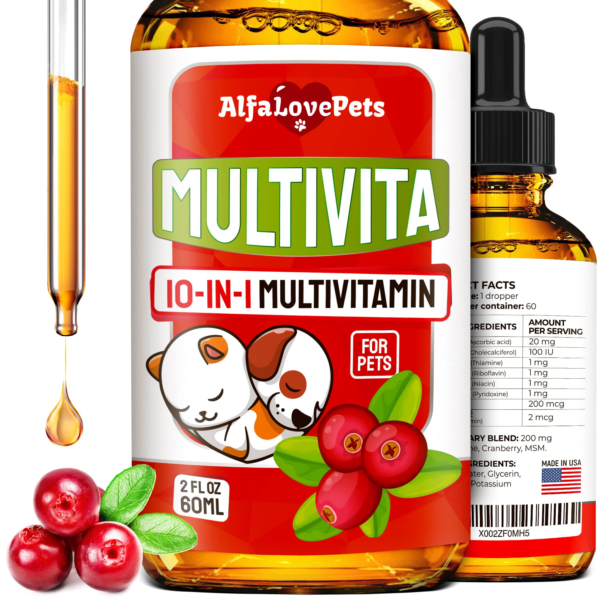 Alfa Love Pets 10 In 1 Cat  Dog Multivitamin - Hip  Joint Vitamins For Dogs  Vitamins C, D, B1-12 - Cranberry Supplement For Dogs  Cat Vitamins