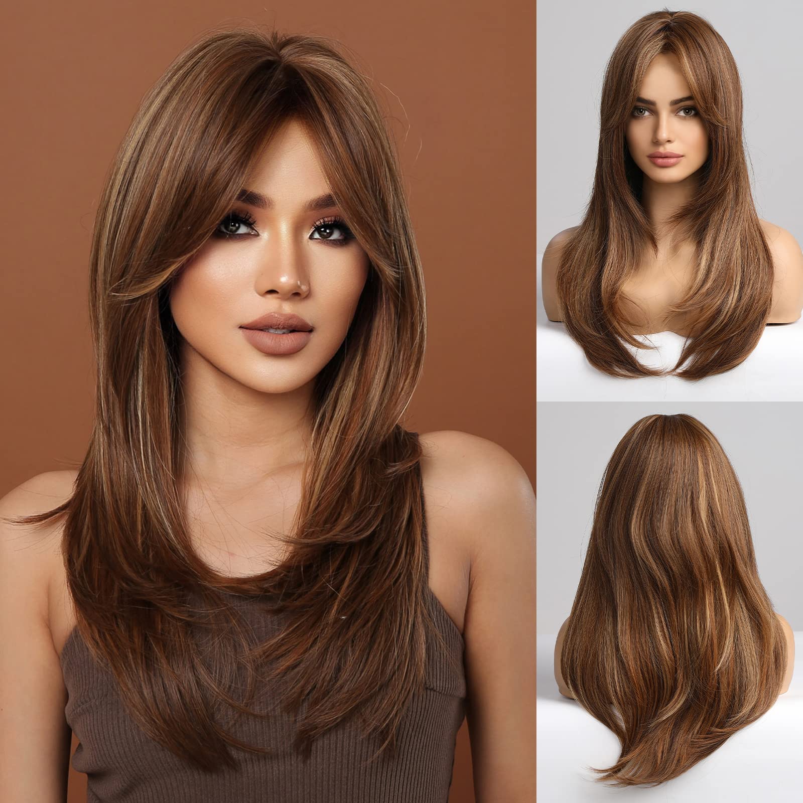 Haircube Brown Wigs For Women,Long Layered Brown With Blonde Highlight Wigs With Bangs Heat Resistant Synthetic Fibre Wigs(Peluc
