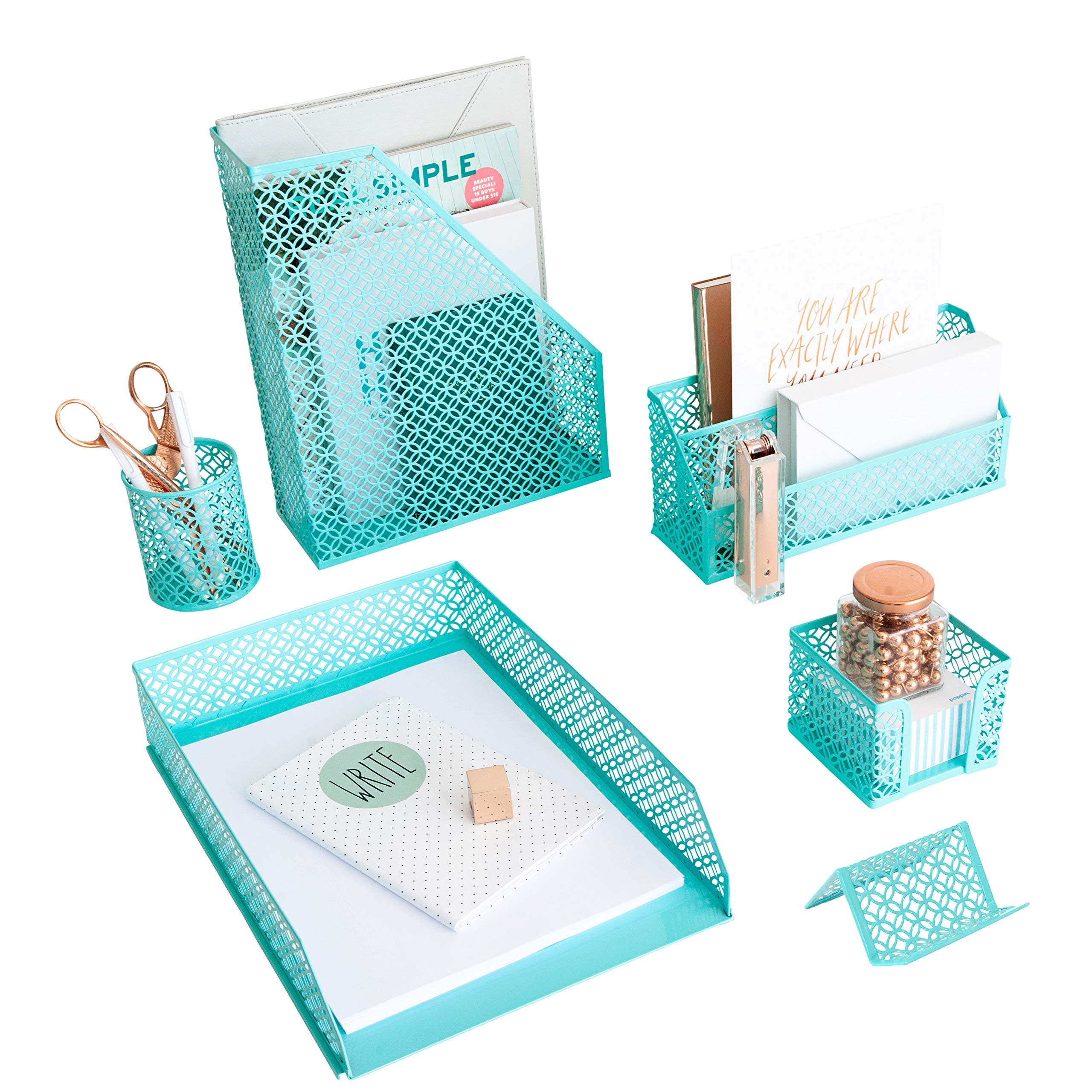 Blu Monaco Aqua - Teal 6 Piece Cute Desk Organizer Set - Desk Organizers And Accessories For Women - Cute Office Desk Accessorie