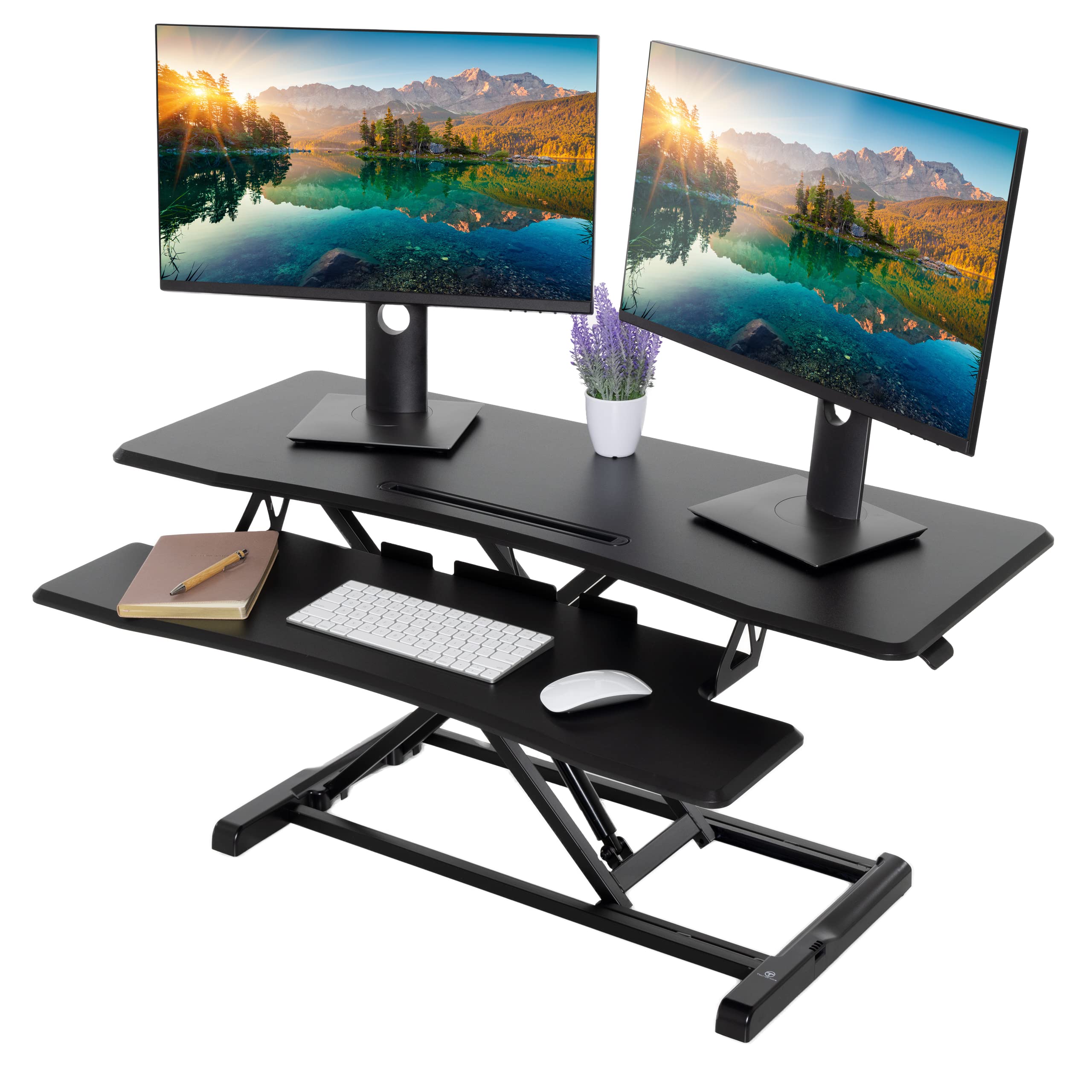 Techorbits Standing Desk Converter - 42 Inch Adjustable Sit To Stand Up Desk Workstation, Mdf Wood, Ergonomic Desk Riser With Ke