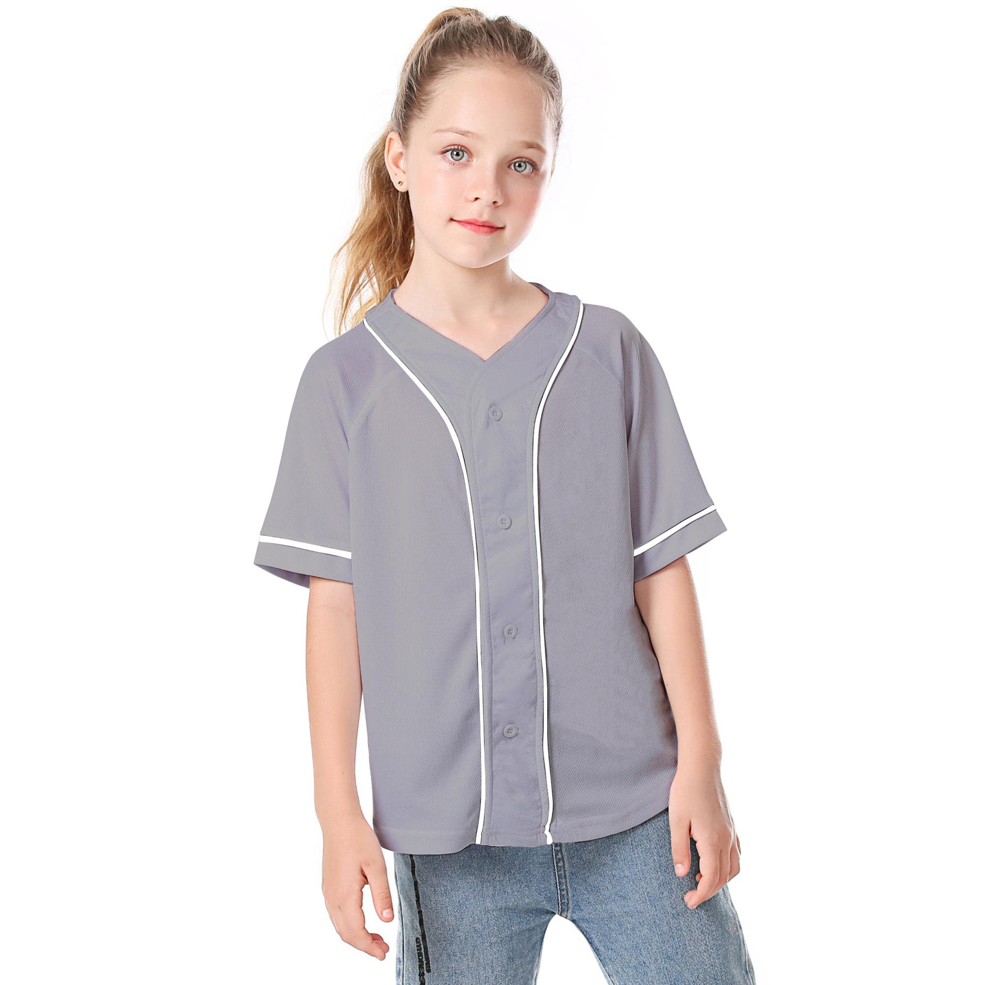 Icibgds Kids Baseball Jersey Button Boys T-Shirt Trendy Hip Hop Girls Black And White Short Sleeve Tshirt (Gray, 4T)