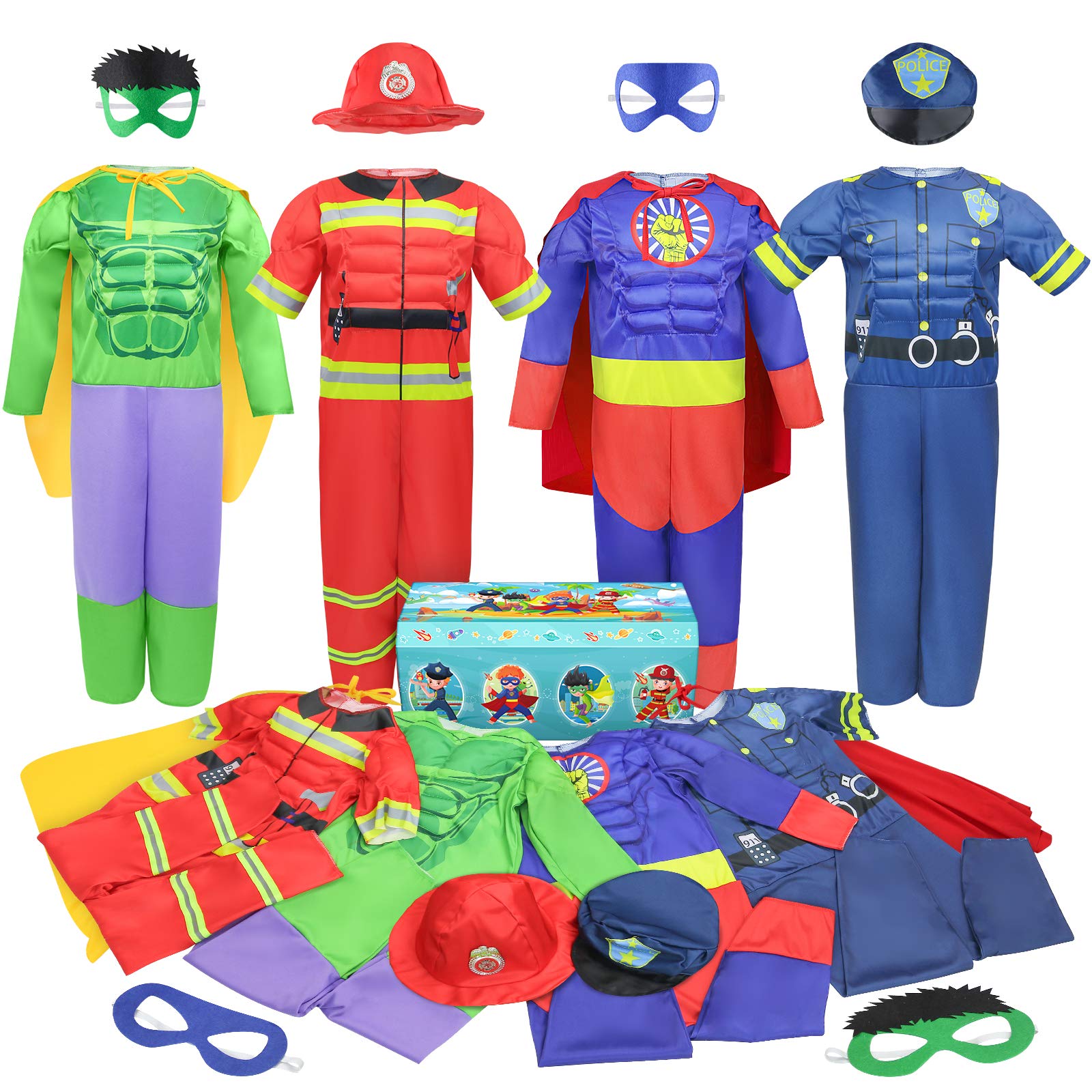 Teuevayl Boys Muscle Chest Dress Up Costumes Trunk With Superhero, Policeman, Fireman Costume, Kids Pretend Role Play Costumes S