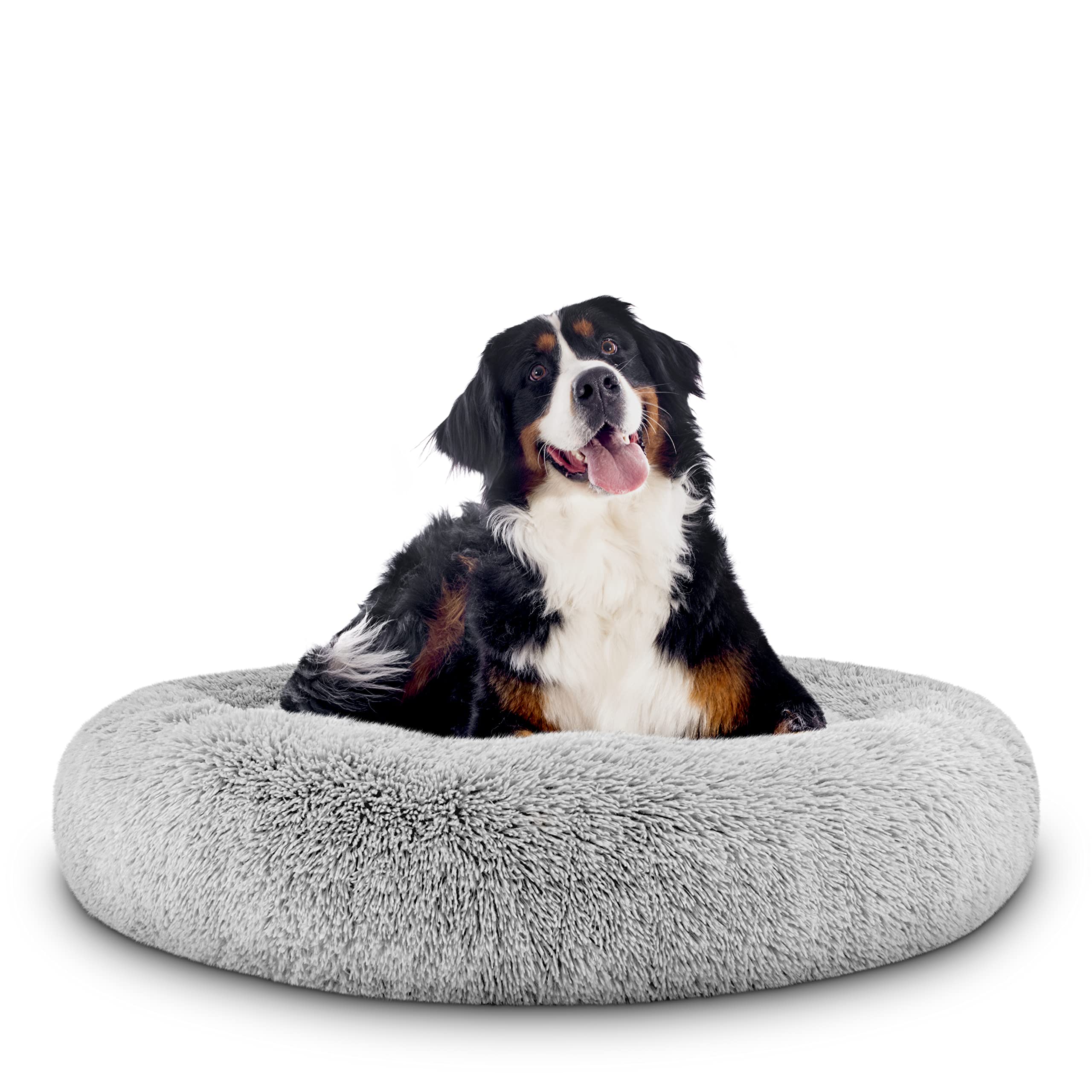 the dog\'s balls The Dogas Bed Sound Sleep Donut Dog Bed, Xl Silver Grey Plush Removable Cover Calming Nest Bed