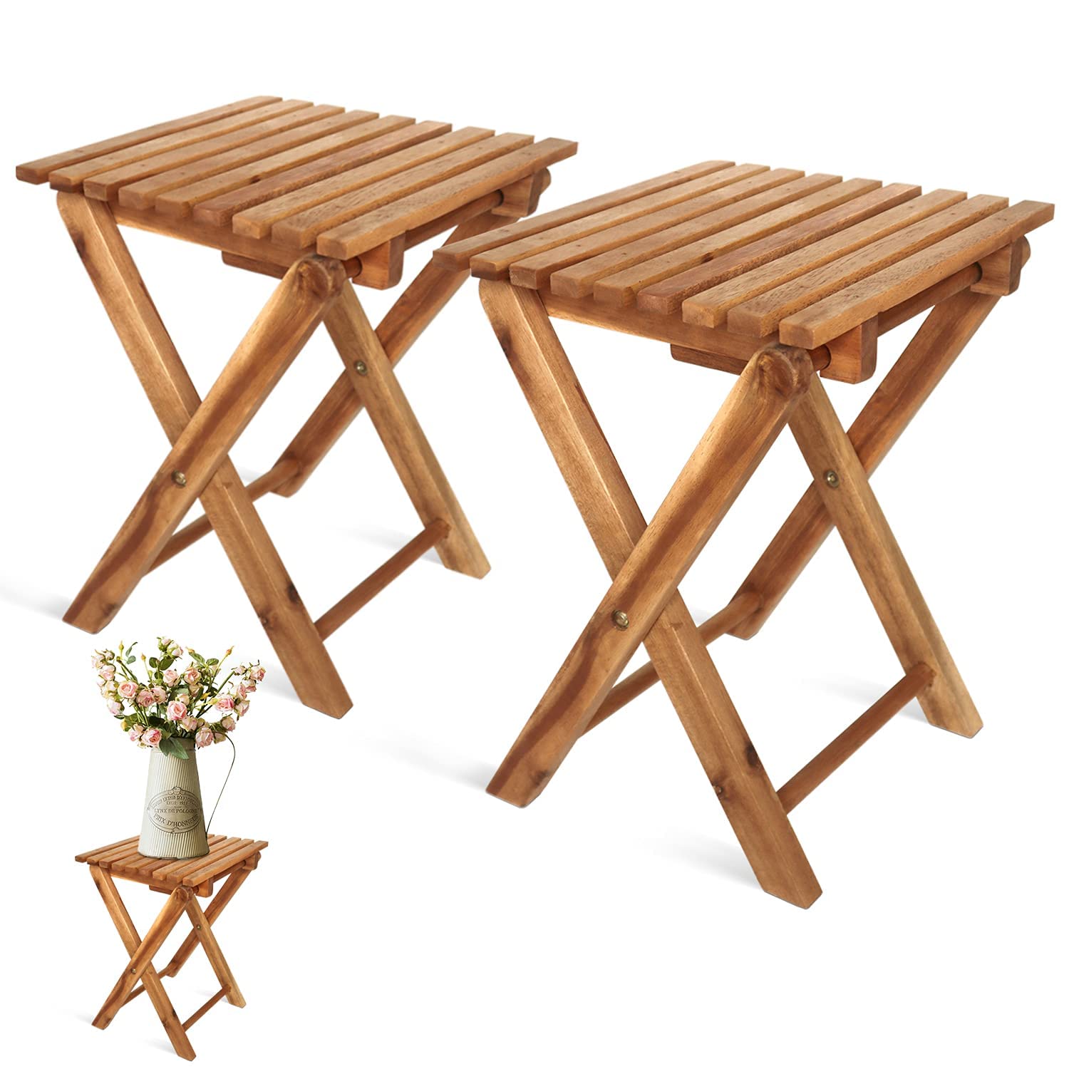 Litada Small Patio Table (Set Of 2) Acacia Wooden Small Table, Side Table, Coffee End Table, Small Square Folding Side Table, Pl