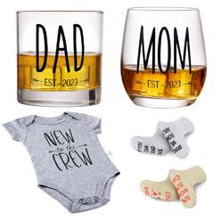 axqania New Parents Pregnancy Gift - Mom And Dad Est 2023 11 Oz Whiskey Glass Gift Set With Romper (0-3 Months) And Baby Socks - Top New