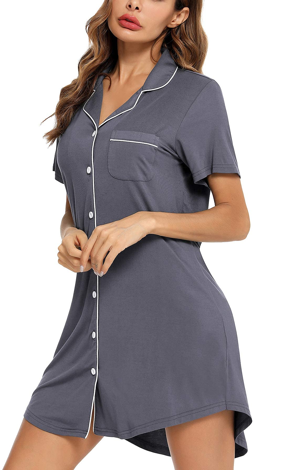 Samring Womens Sleep Shirt Short Sleeve Sleepwear Nightshirt Button Down  Pajama Top gray XL