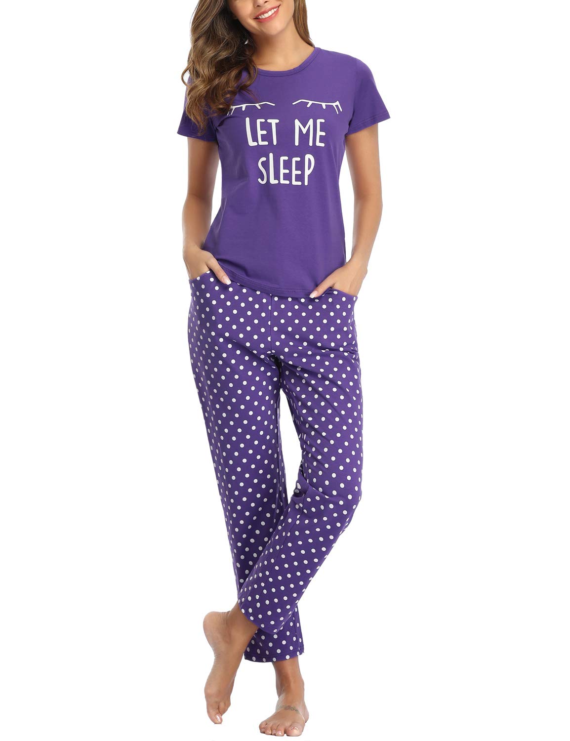 EISHOPEER Womens cute Print Tee and Long Pants Pajama Set Soft Lounge Sets Purple L