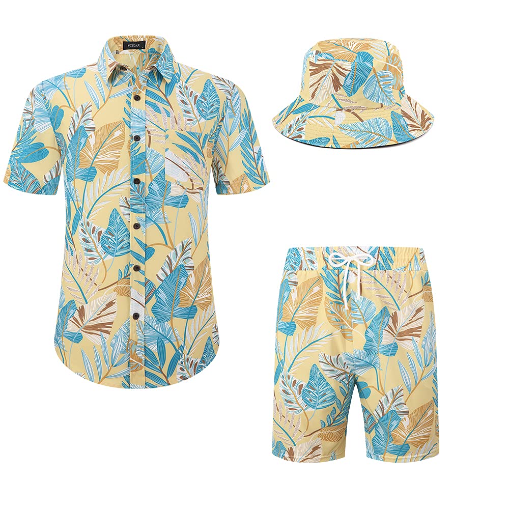 McEDAR Mens Hawaiian Shirt and Short 2 Piece Vacation Outfits Sets casual Button Down Beach Floral Shirts Suits with Bucket Hats