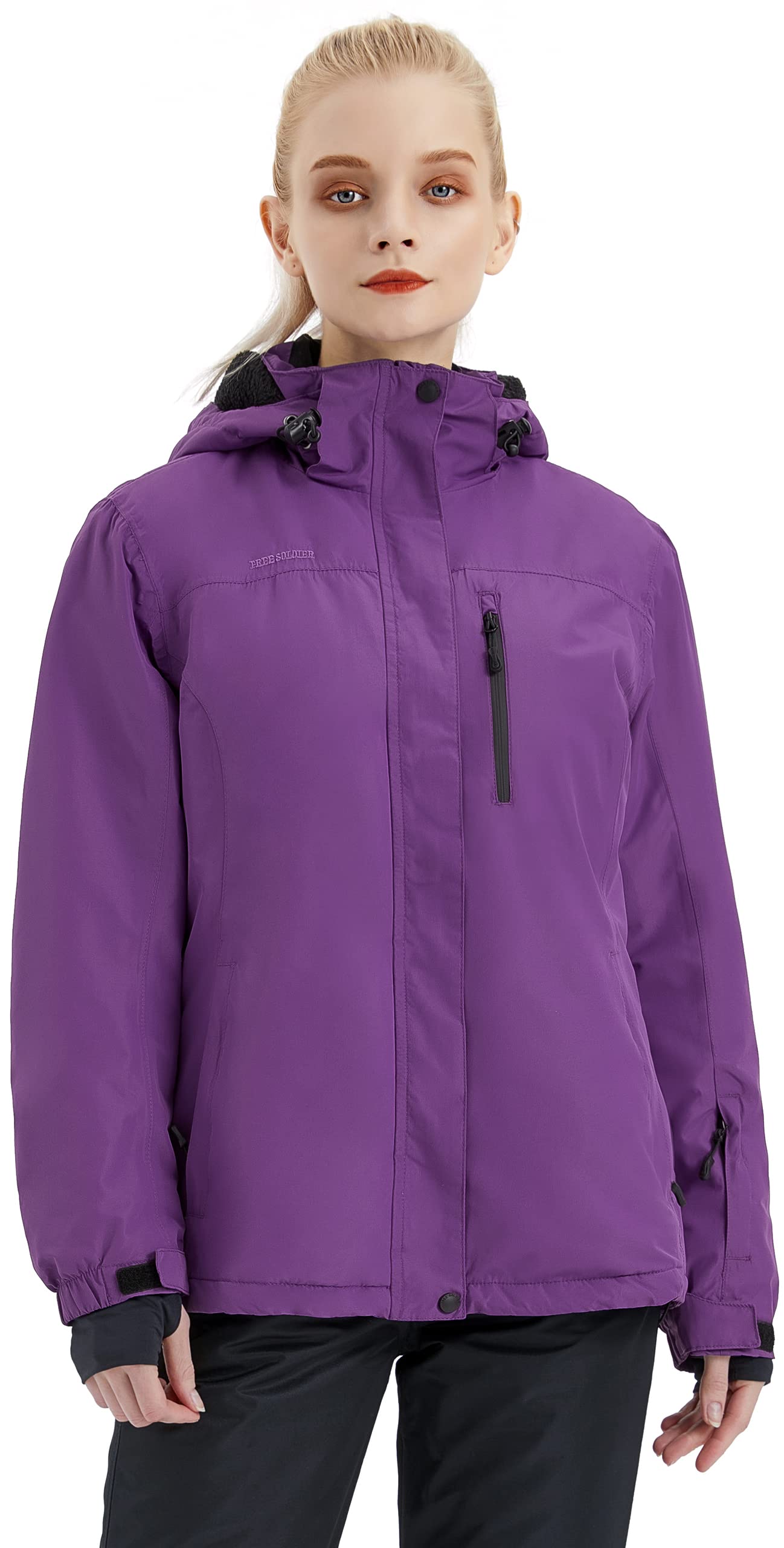 FREE SOLDIER Womens Waterproof Ski Snow Jacket Fleece Lined Warm Winter Rain Jacket with Hood Fully Taped Seams(Purple,XL)