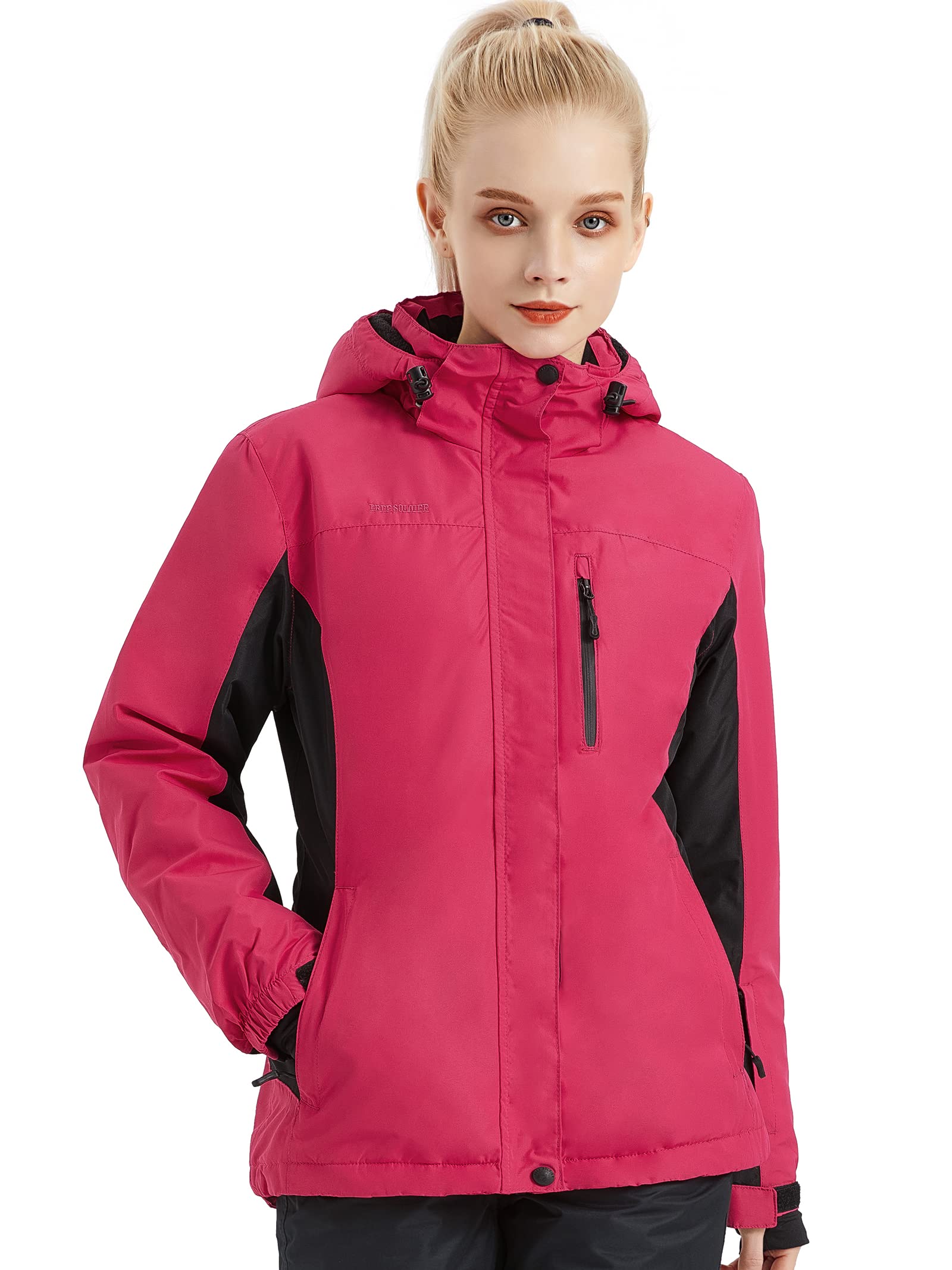 FREE SOLDIER Womens Waterproof Ski Snow Jacket Fleece Lined Warm Winter Rain Jacket with Hood Fully Taped Seams(Rose Red,S)