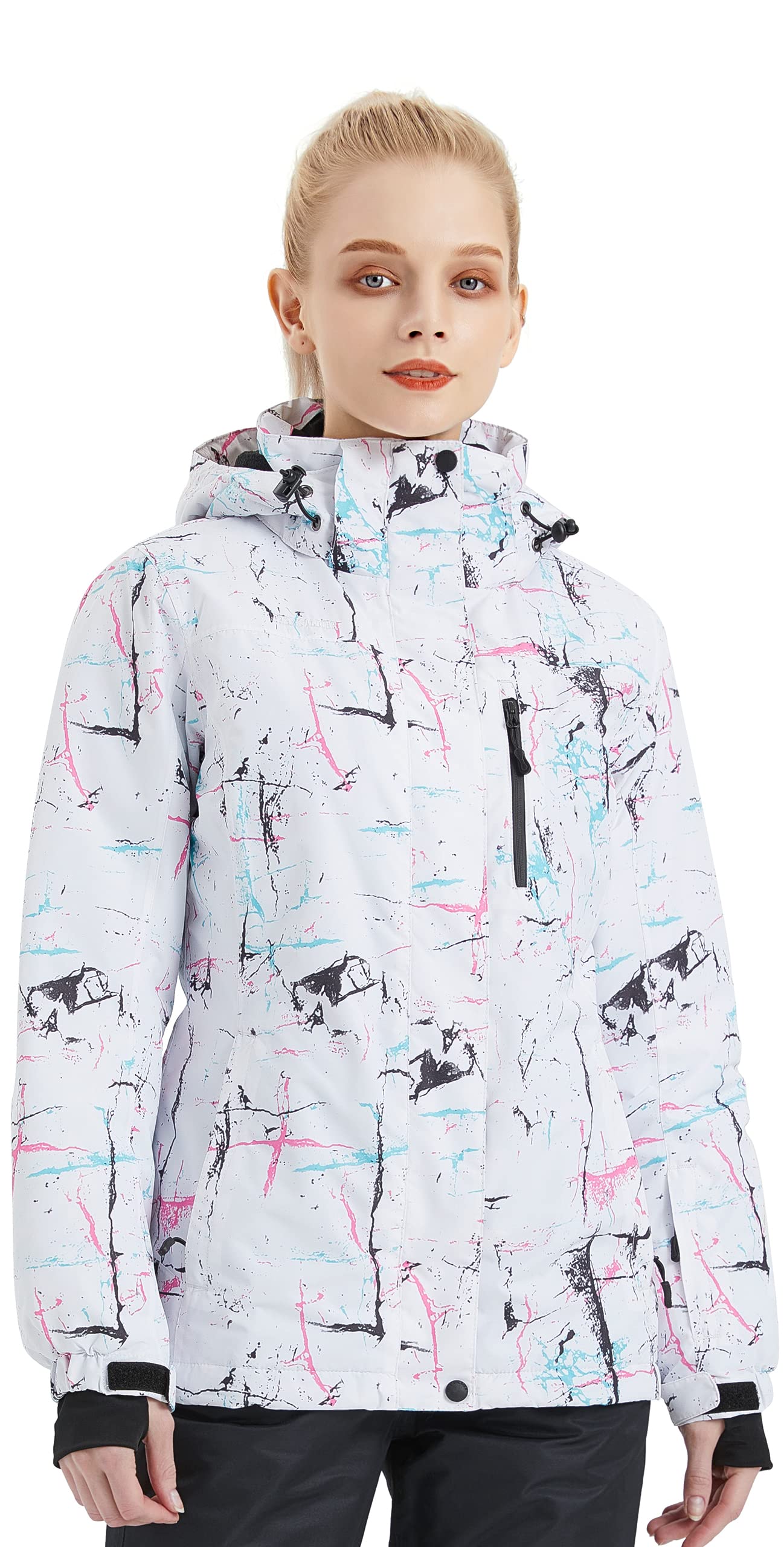 FREE SOLDIER Womens Waterproof Ski Snow Jacket Fleece Lined Warm Winter Rain Jacket with Hood Fully Taped Seams(Floral Print,L)