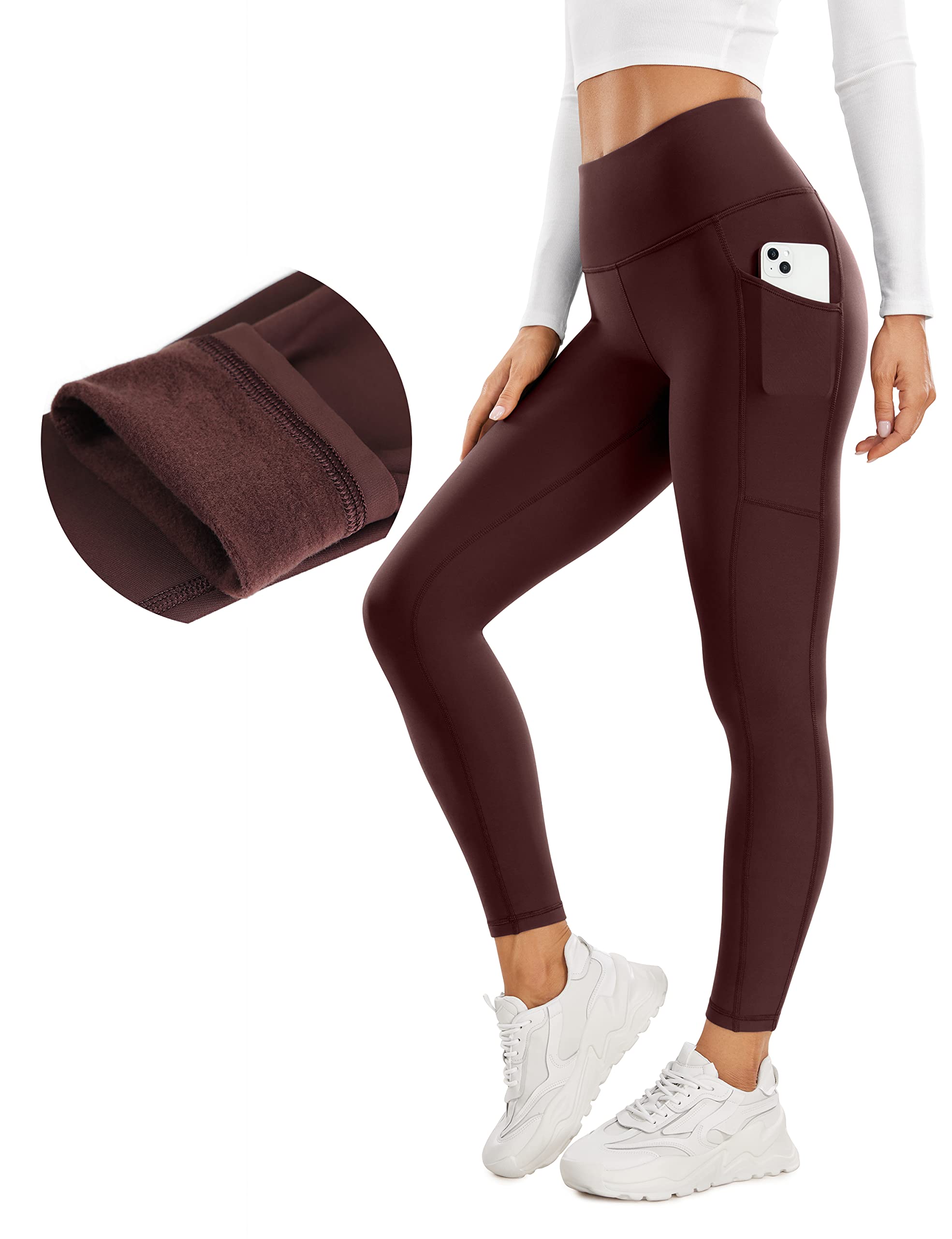 cRZ YOgA Thermal Fleece Lined Leggings Women 25 - High Waisted Winter  Workout Hiking Pants with Pockets Warm Running Tights Taup