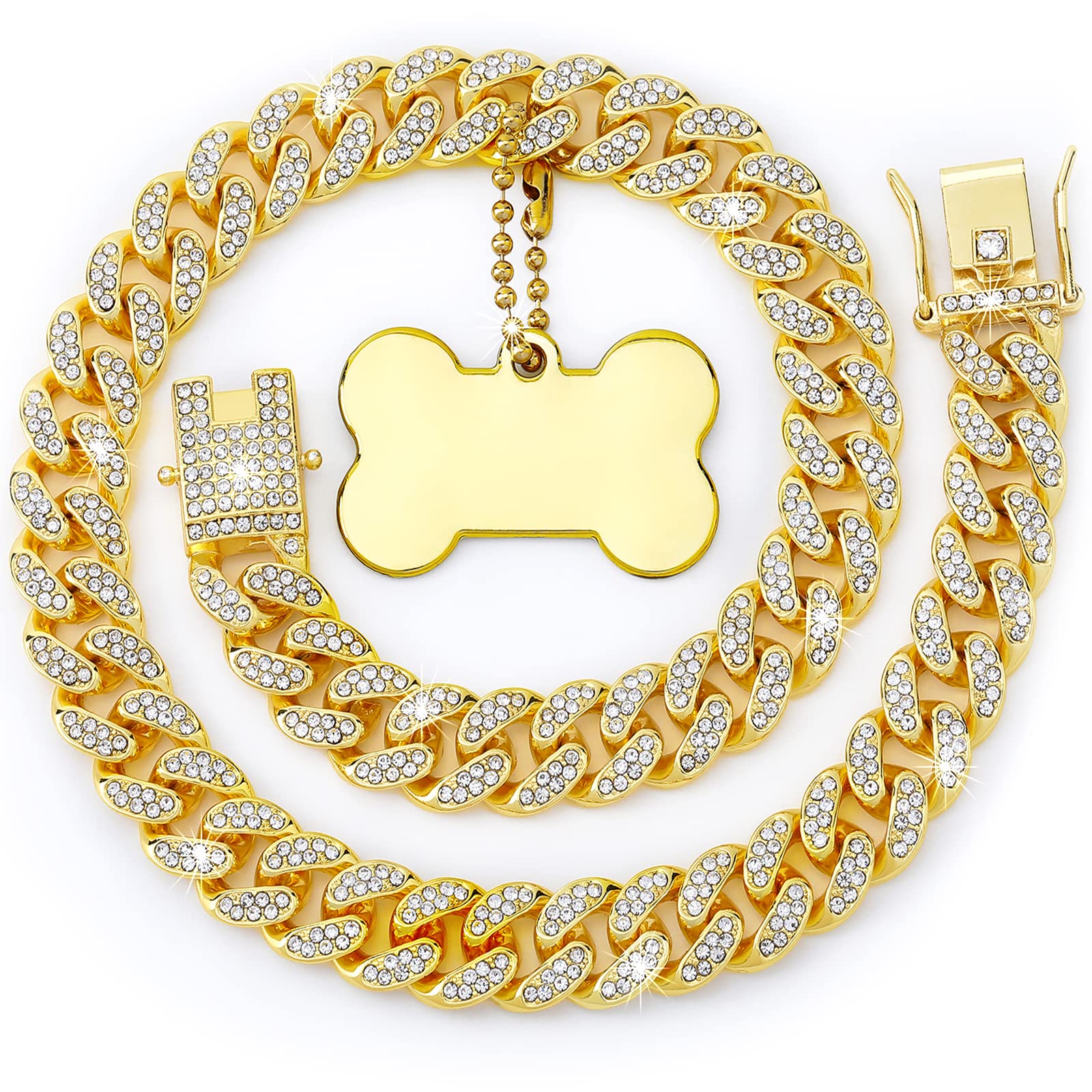Rumia 16 Inch Dog chain collar gold Diamond cuban Link Dog