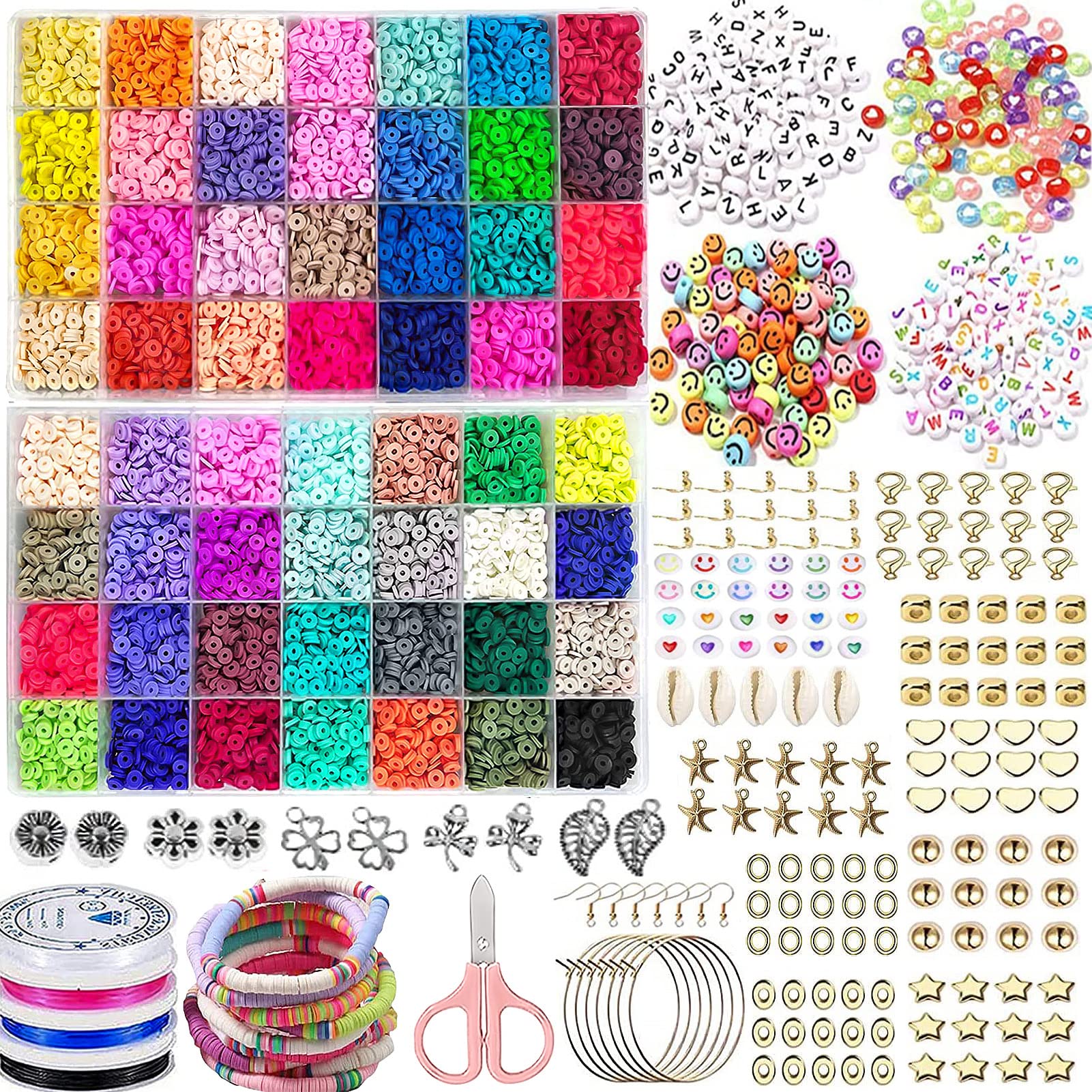 Miotorio 14000pcs clay Beads for Bracelet Making Kit 56 colors Heishi Beads  Flat Round Polymer clay Beads for Jewelry Making Kit