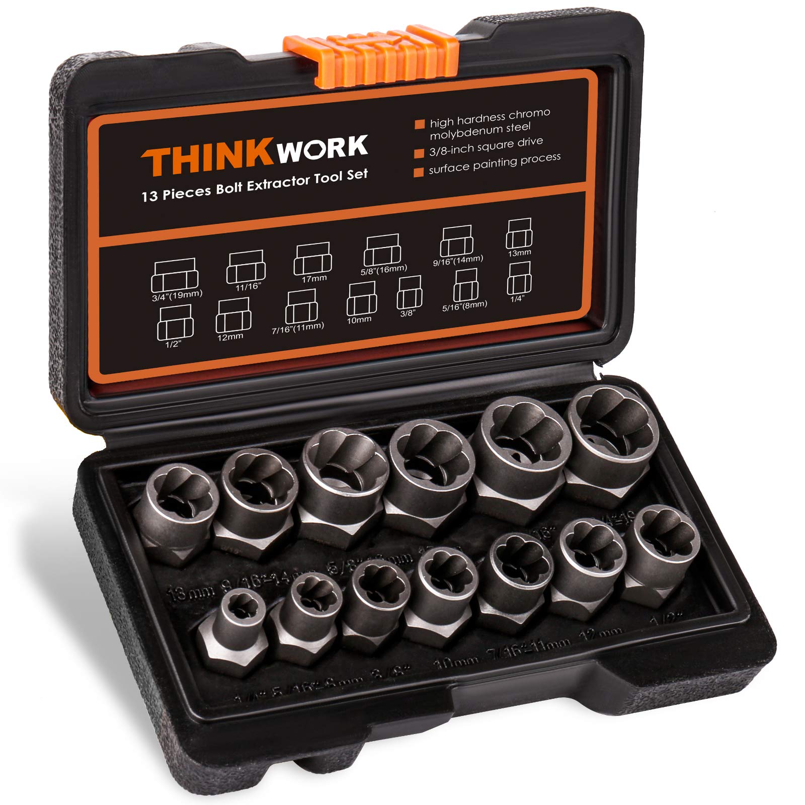 THINKWORK Bolt Extractor Set, 131 Pieces Impact Bolt Nut Remover Set, Stripped Lug Nut Remover, Extraction Socket Set for Removi
