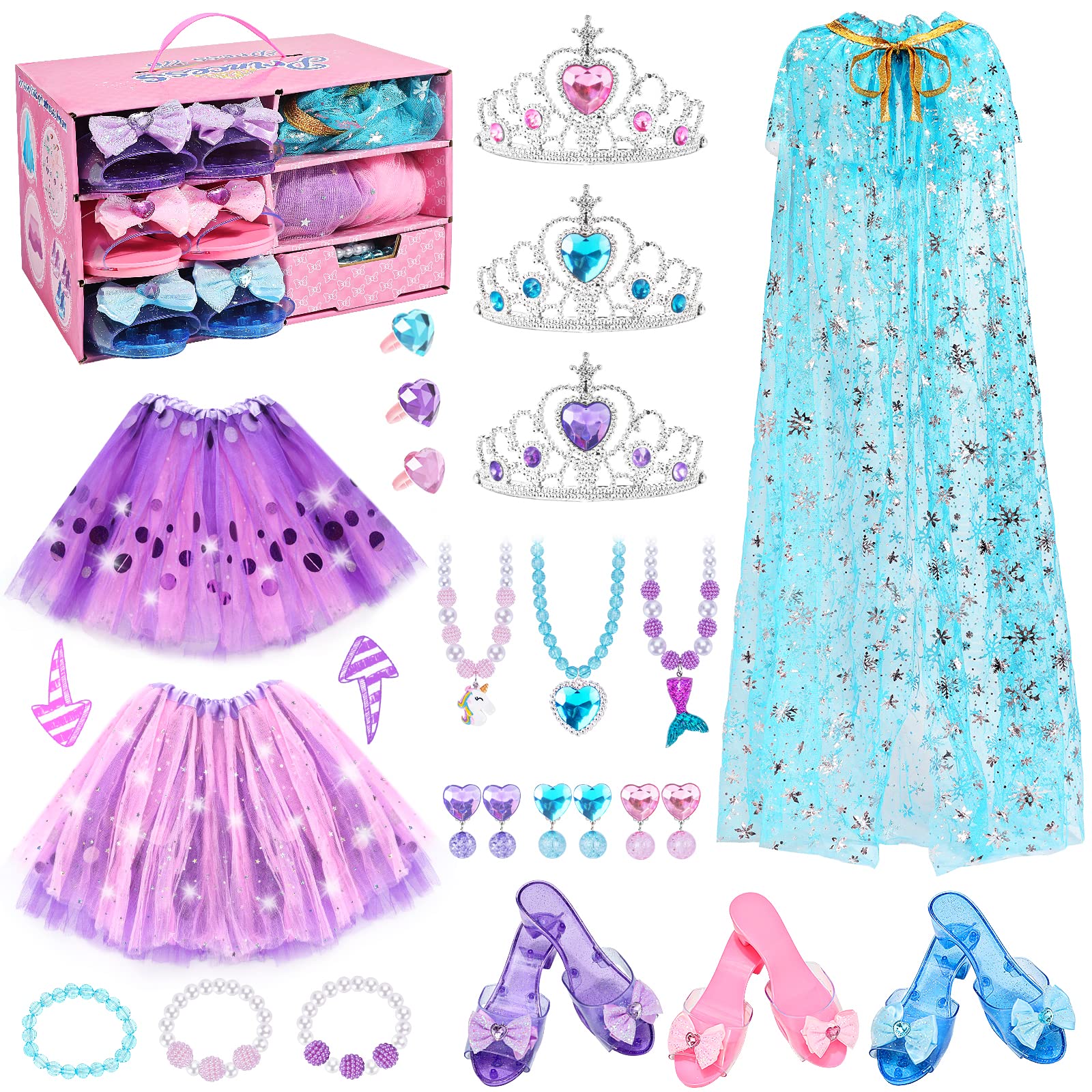KUBUSFLY Princess Dress Up Shoes and Jewelry Boutique -girls Pretend Play Set w cloak Tutu Skirt, 3 Pairs Princess Shoes Pretend Jewelry 