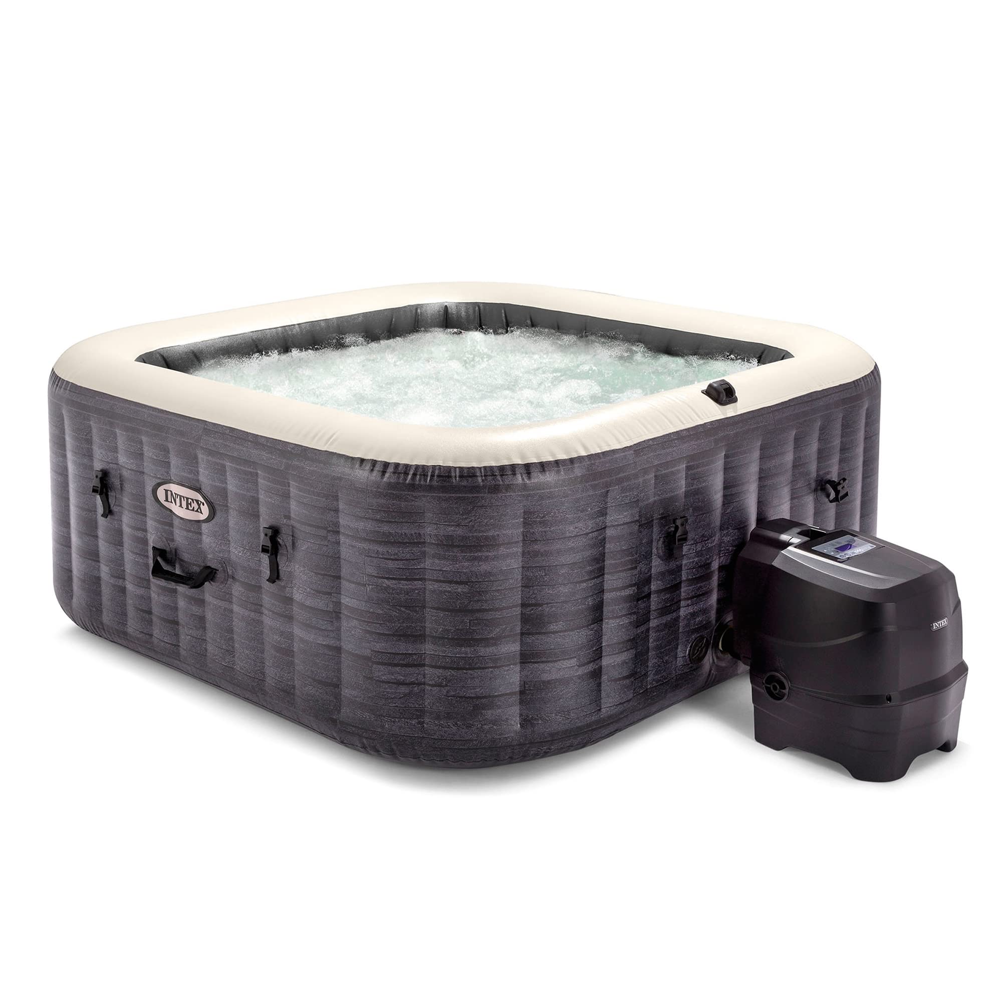 Intex 28449EP PureSpa Plus 4 Person Portable Inflatable Square Hot Tub Spa  with 170 Bubble Jets and Built in Heater Pump, greyst