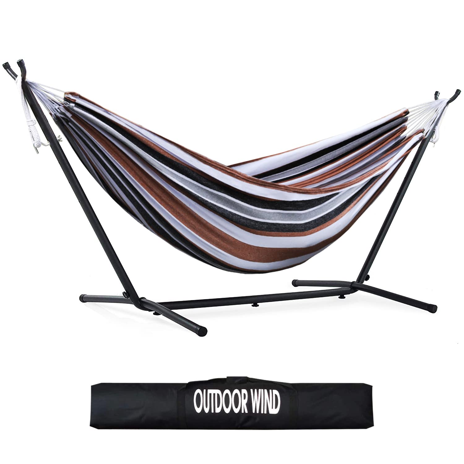 OUTDOOR WIND 550lbs capacity Double Hammock Adjustable Hammock Bed with 10ft Heavy Duty Steel Stand Includes Portable carrying c