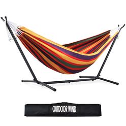 OUTDOOR WIND 550lbs capacity Double Hammock Adjustable Hammock Bed with 10ft Heavy Duty Steel Stand Includes Portable carrying c