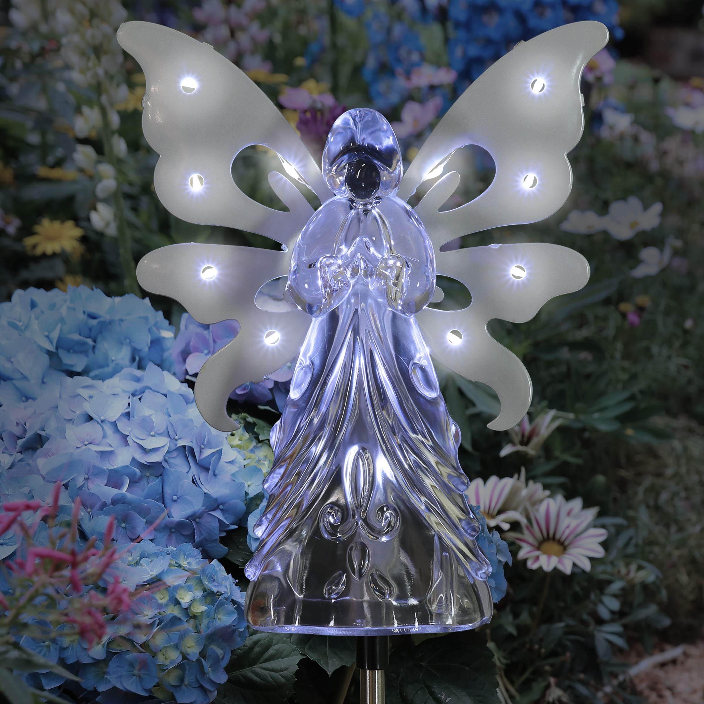 Exhart garden Solar Lights, Decorative Angel garden Stake, 13 LEDs, cute Yard and Pathway Decor, White, 7 x 40 Inch