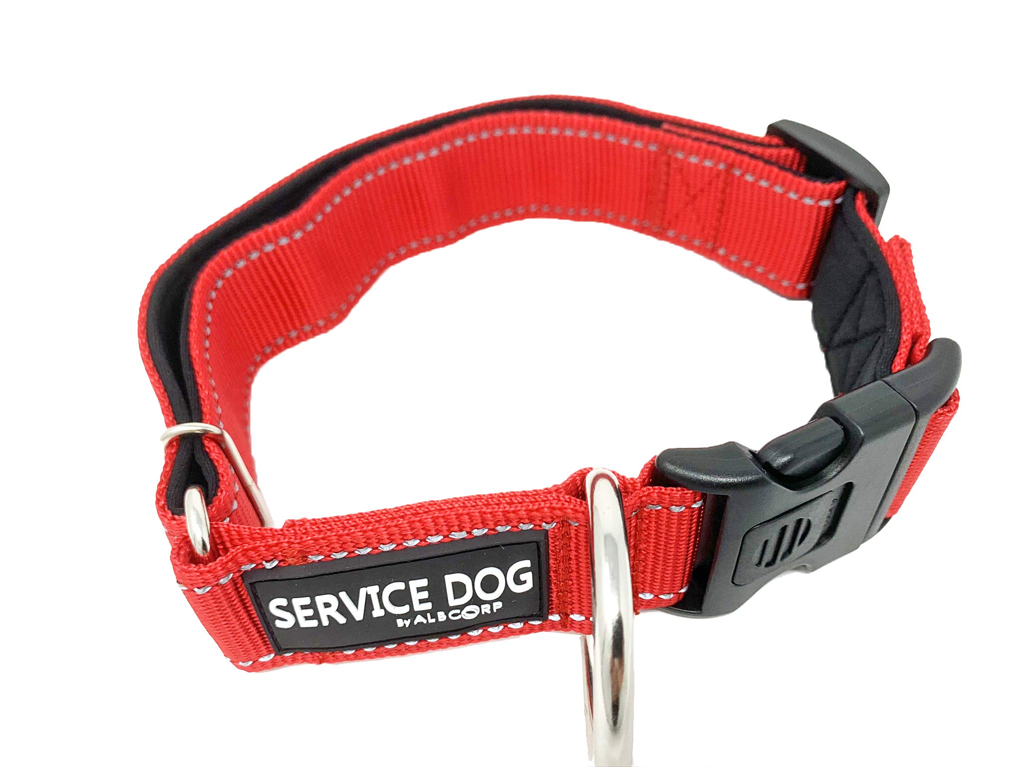 Albcorp Reflective Service Dog collar - Service Dog Rubber Patch - Durable D-Ring for Service Animal Leashes or ID Tags, XL, Red