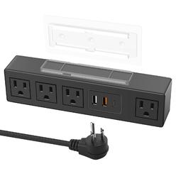 HHSOET Under Desk Power Strip with 3M Adhesive, Removable Under Desktop Mount Plug with Fast charging USB c and USB A Ports, 4 O