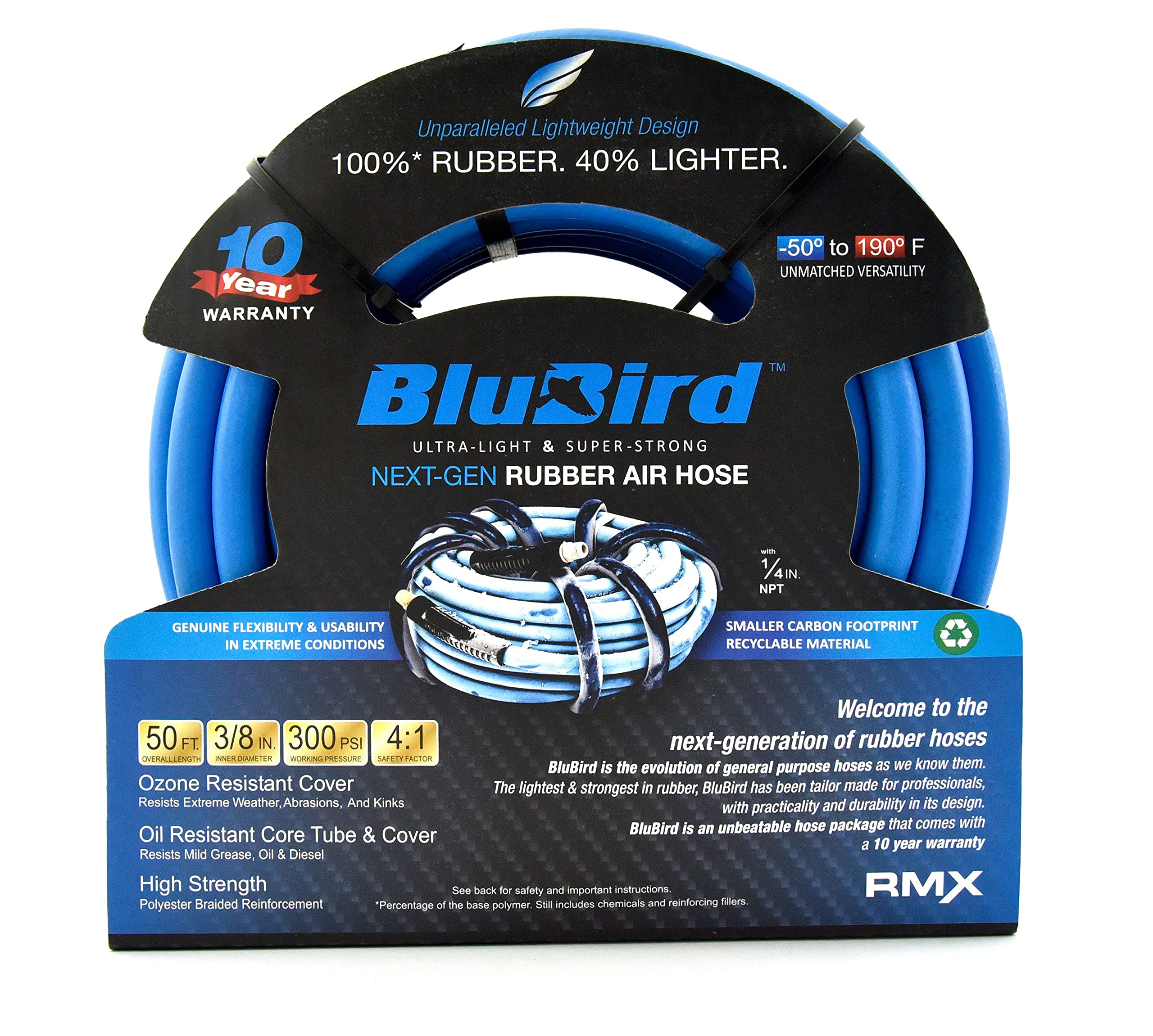 BLUBIRD BB3850 38 x 50 Rubber Air Hose, 100 Rubber, Lightest, Strongest, Most Flexible, 300 PSI, 50F to 190F Degrees, Ozone Resi