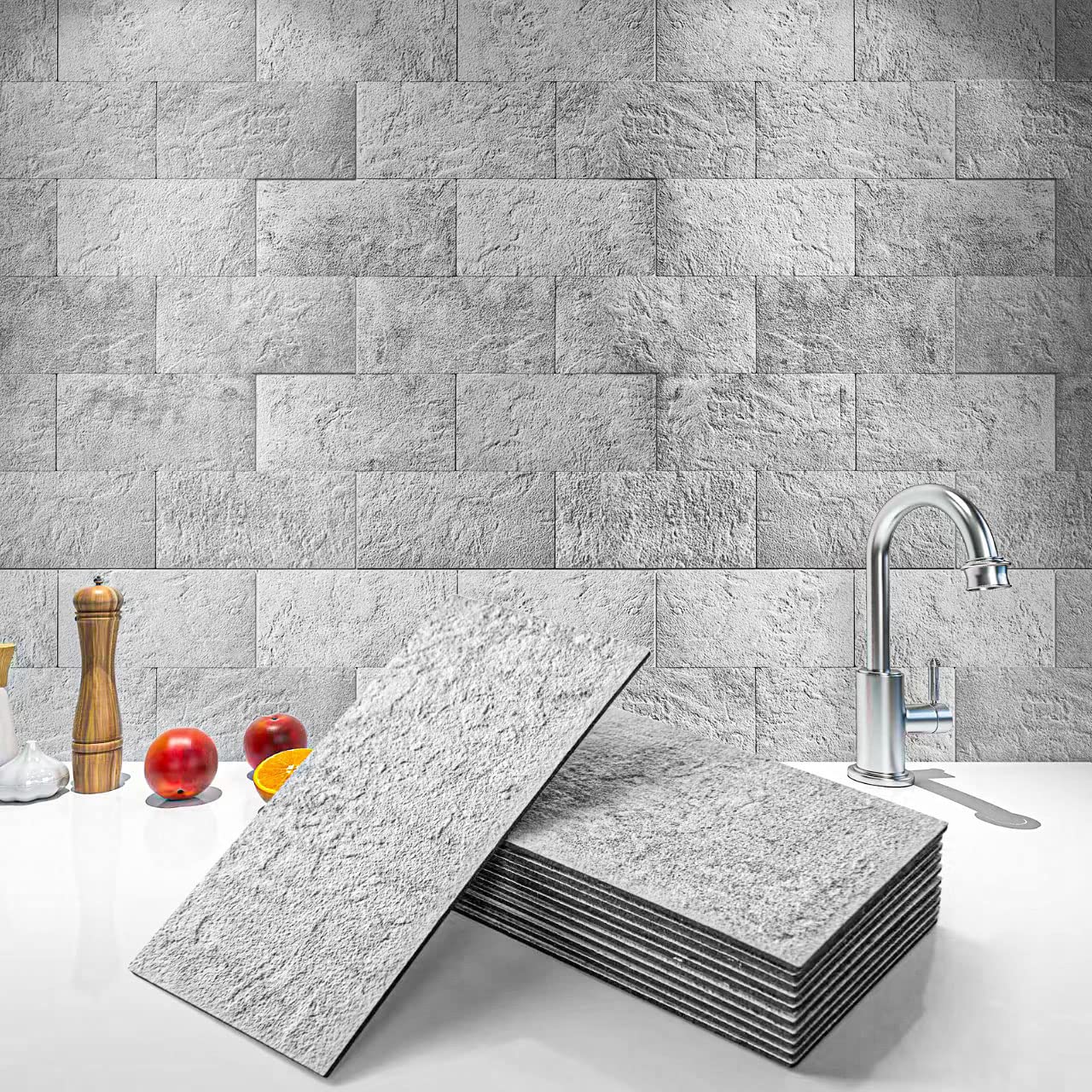 Art3d 102-Piece Backsplash Tile Peel and Stick for Stove Kitchen Bathroom Fireplace, 3in A 6in Stick on Subway Tile Natural Ston