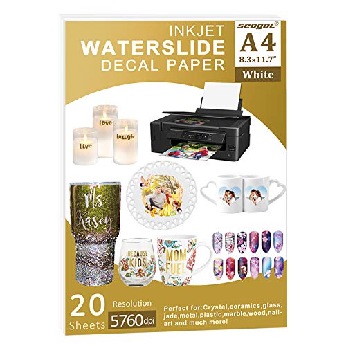 Seogol Waterslide Decal Paper for Inkjet Printers, 20 Sheet A4 Size White Water Slide Paper Transfer Printable for DIY Decals gi