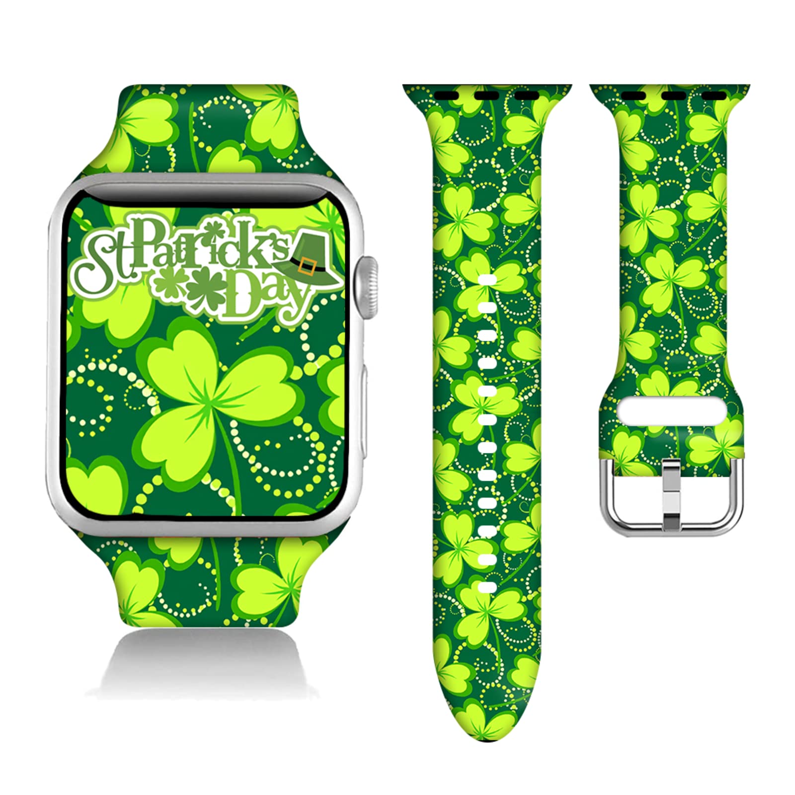 BZEPHGO St Patricks Day gifts Decorations Wristband Straps for Apple Watch Band 42mm44mm45mm Soft Silicone Sports green clover IWatch Ba