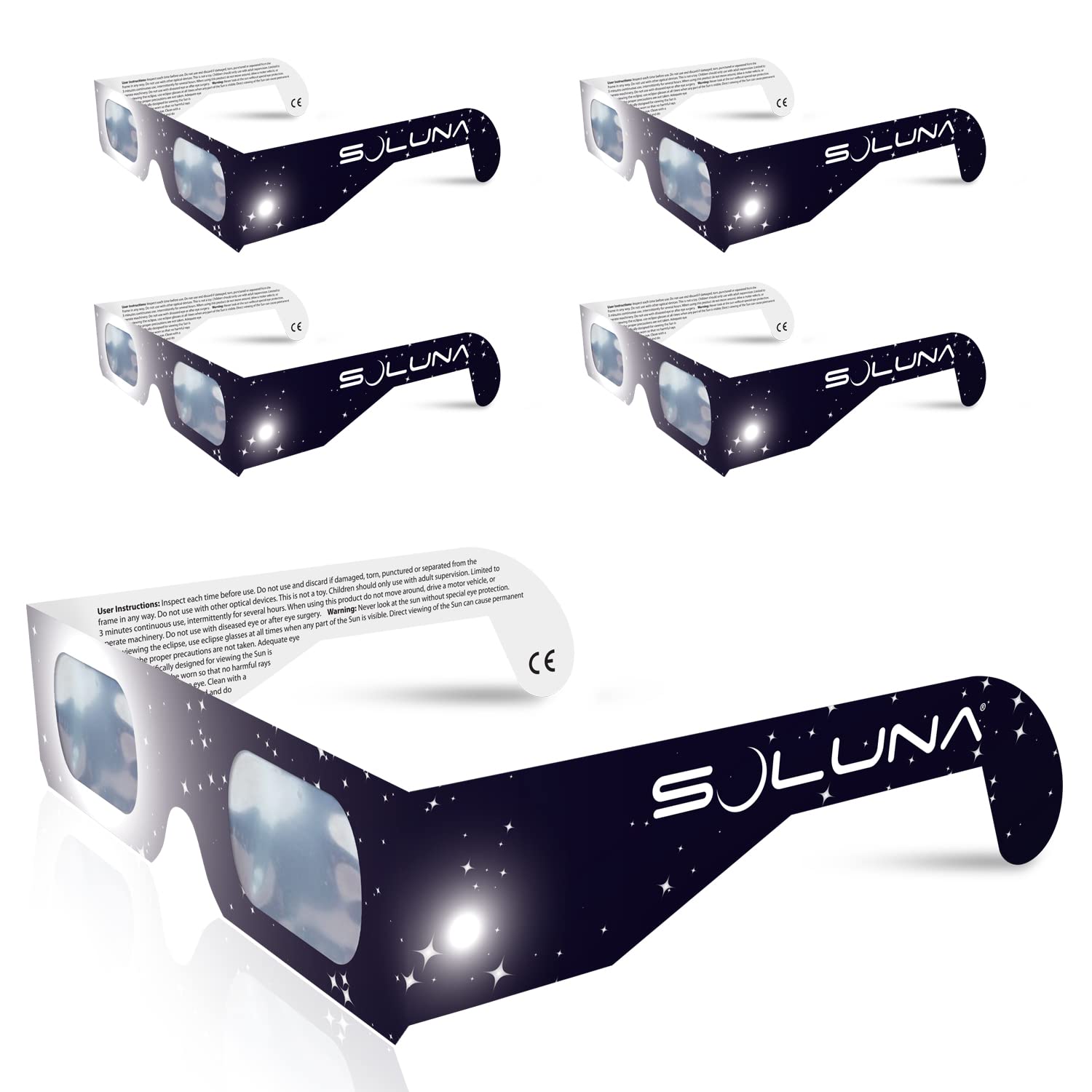 Soluna Solar Eclipse glasses - cE and ISO certified Safe Shades for Direct Sun Viewing - Made in the USA (5 Pack)